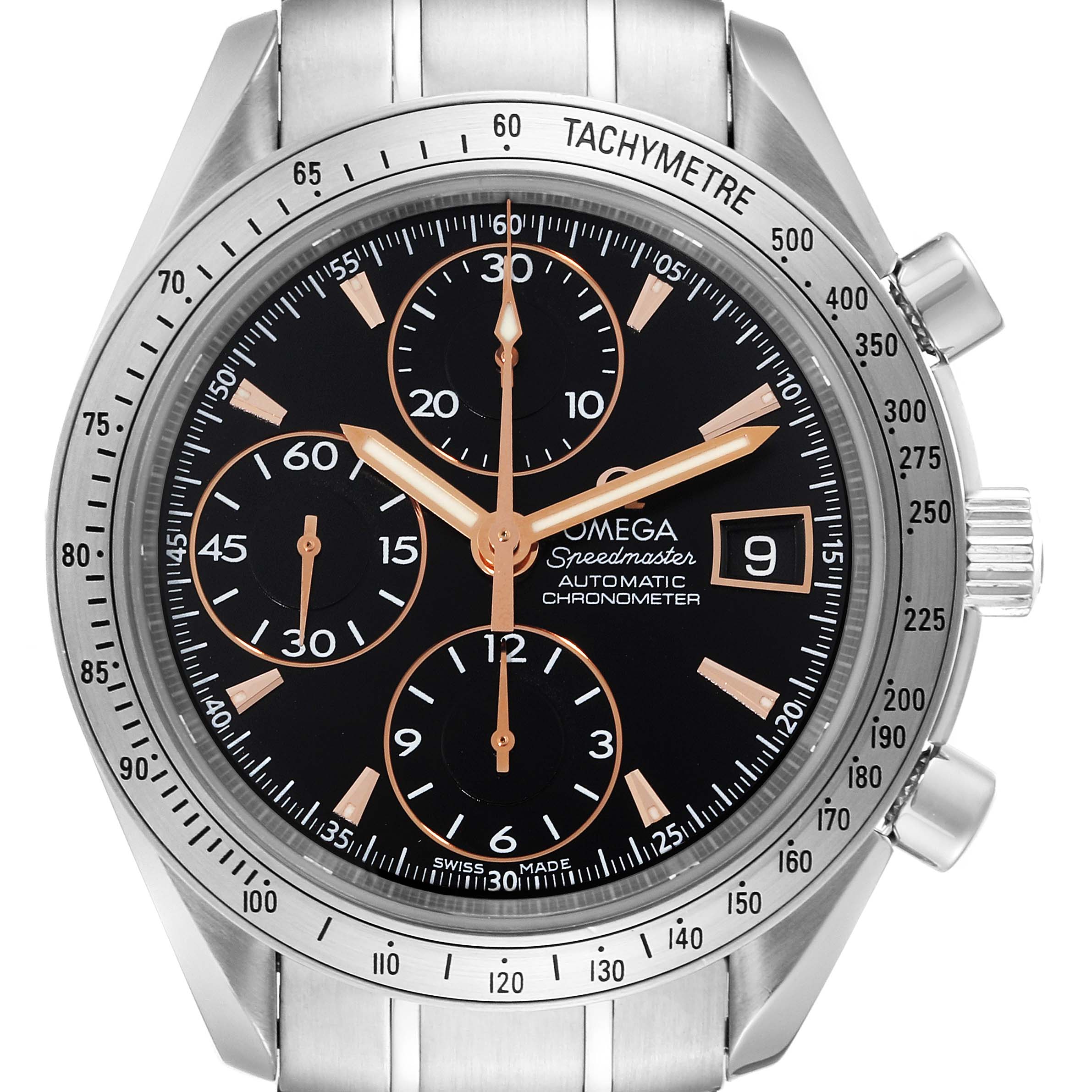 The image shows a front view of an Omega Speedmaster 3511.50.00 Men
s Stainless Steel Black Dial 3511.50.00 Men
s Stainless Steel Black Dial watch, highlighting the dial, sub-dials, tachymeter, and date window.