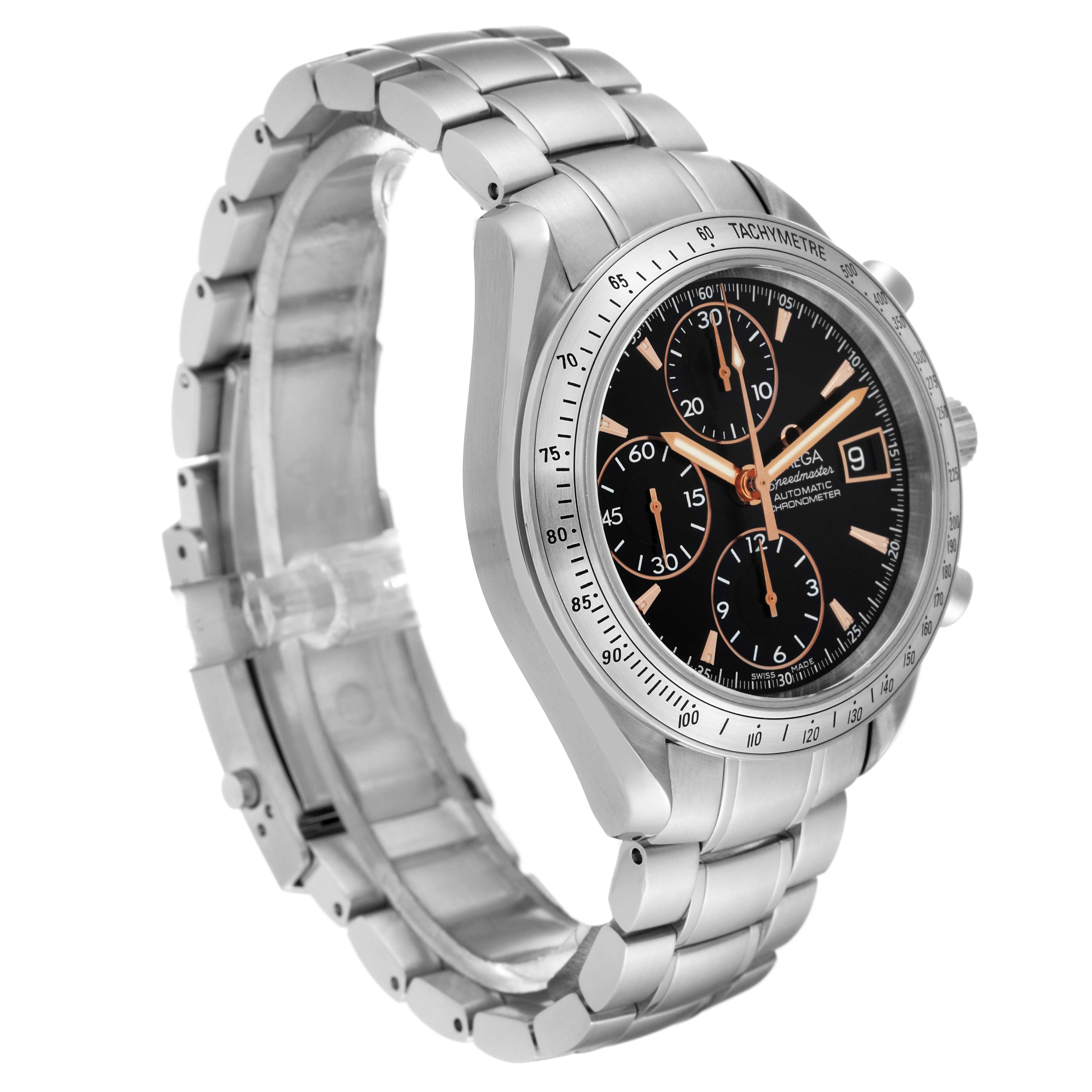 This image shows an Omega Speedmaster 3511.50.00 Men
s Stainless Steel Black Dial 3511.50.00 Men
s Stainless Steel Black Dial watch at a three-quarter angle, highlighting its stainless steel bracelet and black dial with chronograph features.