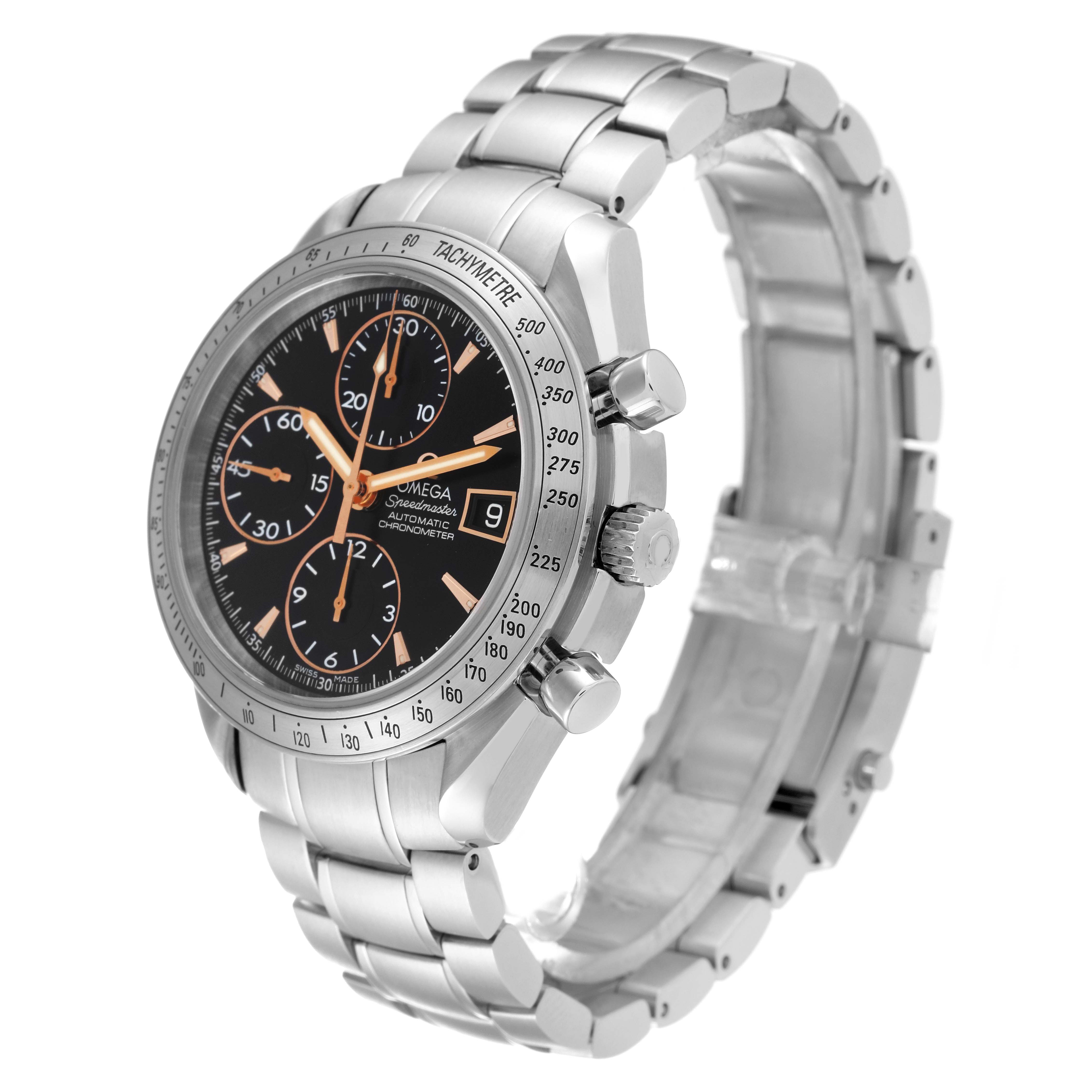 This Omega Speedmaster 3511.50.00 Men
s Stainless Steel Black Dial 3511.50.00 Men
s Stainless Steel Black Dial watch is shown from a three-quarter angle, highlighting the face, dial, bezel, and metal bracelet.