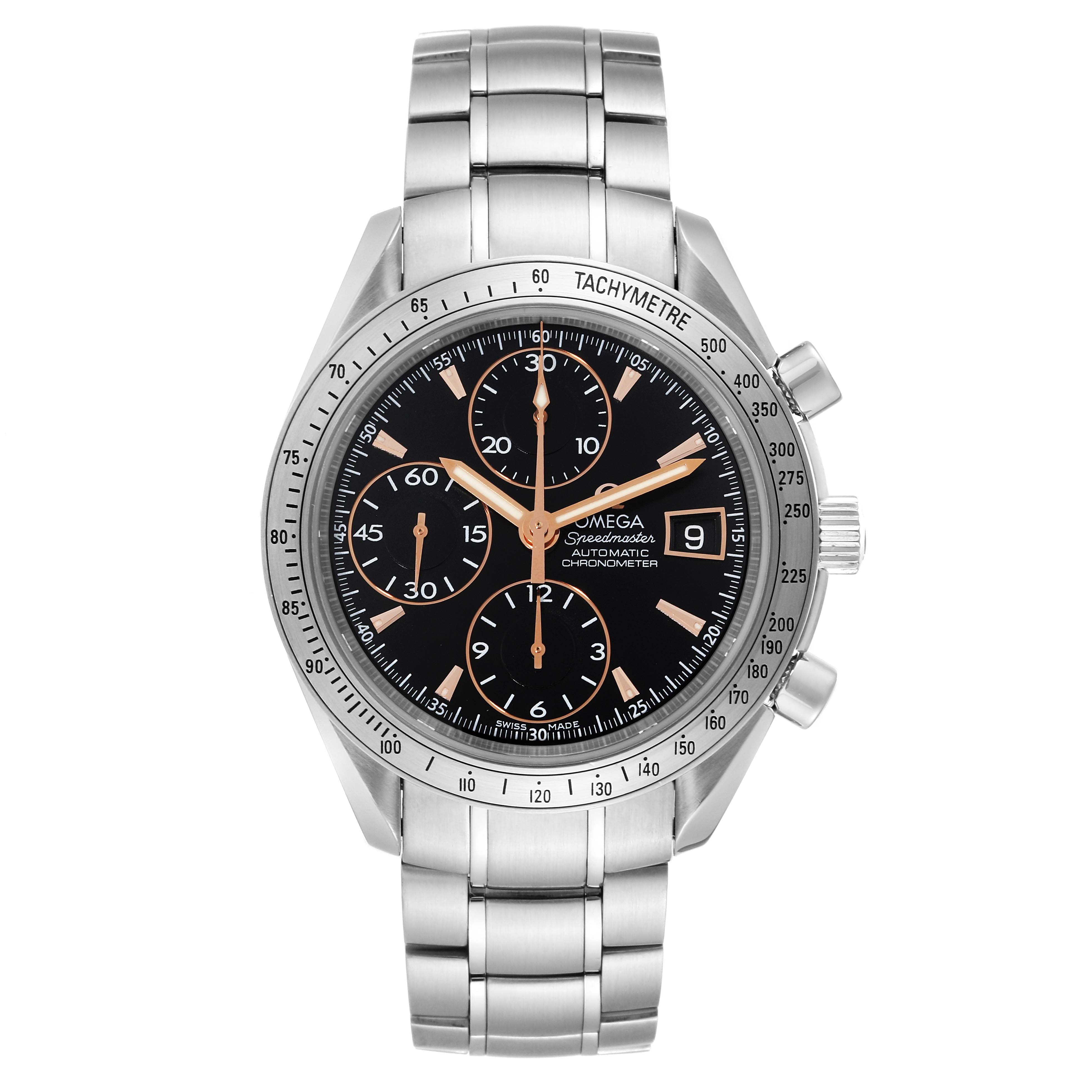 This image shows a frontal view of the Omega Speedmaster 3511.50.00 Men
s Stainless Steel Black Dial 3511.50.00 Men
s Stainless Steel Black Dial watch, displaying its dial, bracelet, and bezel with tachymeter scale.