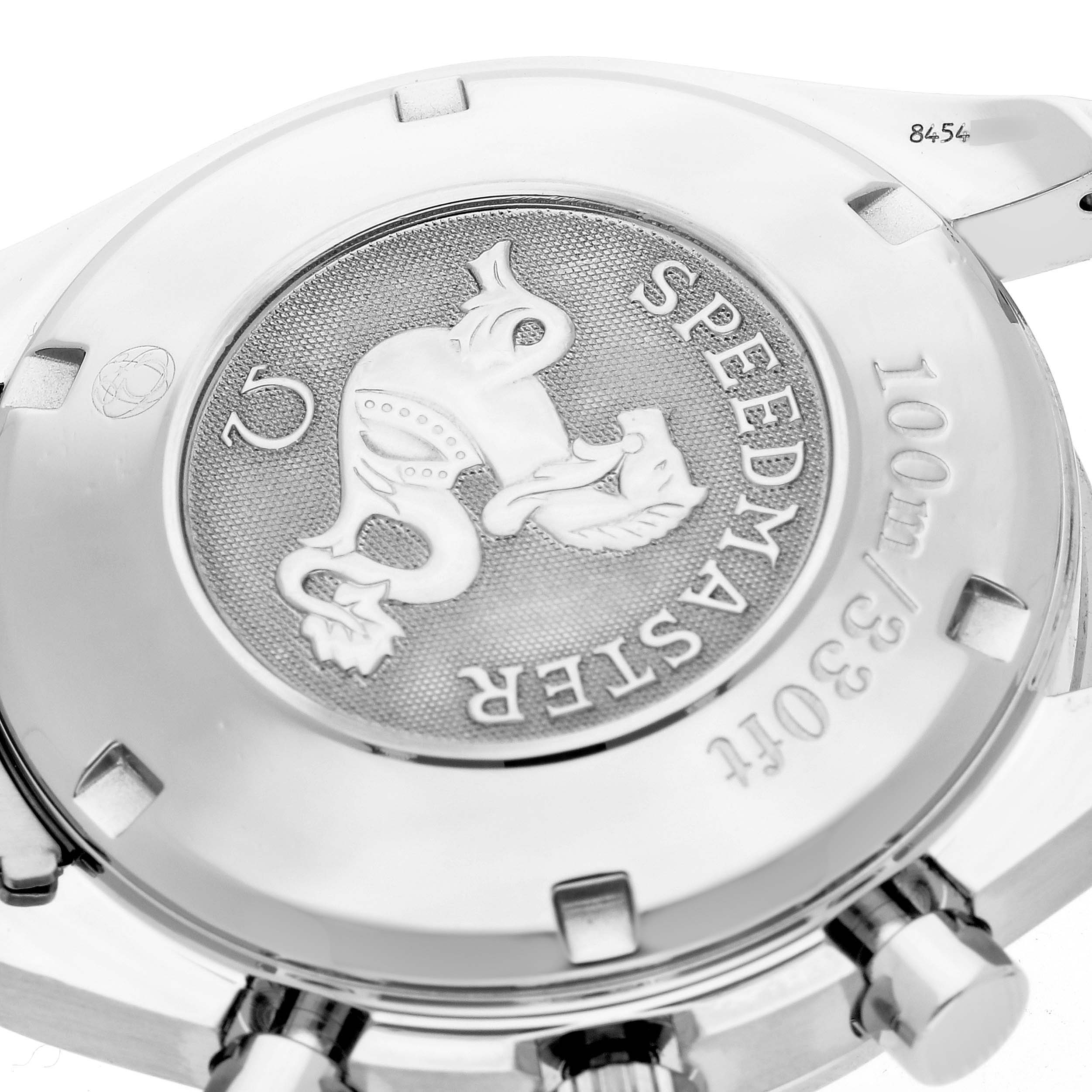 The image shows the case back of an Omega Speedmaster 3511.50.00 Men
s Stainless Steel Black Dial 3511.50.00 Men
s Stainless Steel Black Dial watch, featuring the engraved logo and water resistance information.