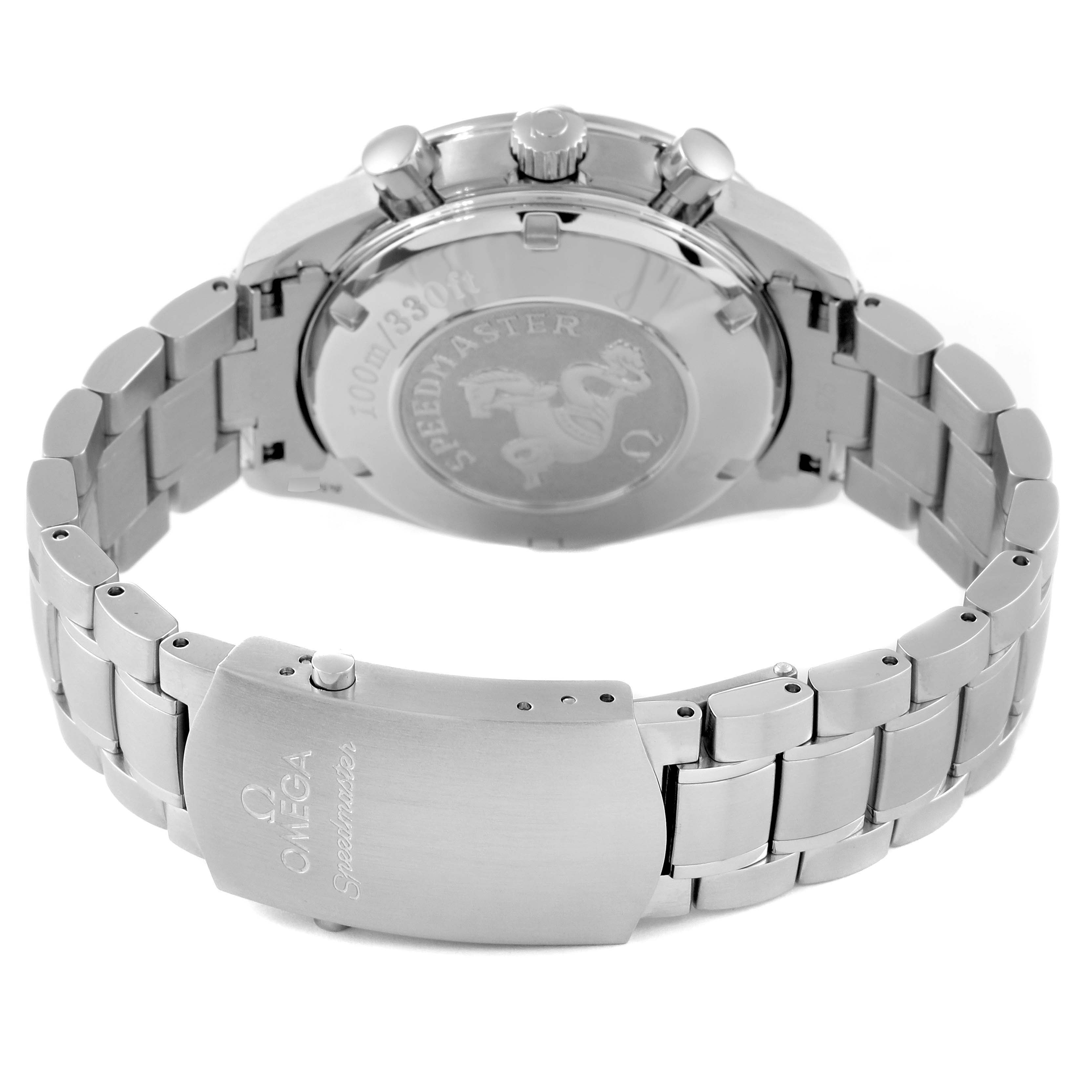 The image shows the back view of an Omega Speedmaster 3511.50.00 Men
s Stainless Steel Black Dial 3511.50.00 Men
s Stainless Steel Black Dial watch highlighting the clasp, bracelet, and engraved case back.