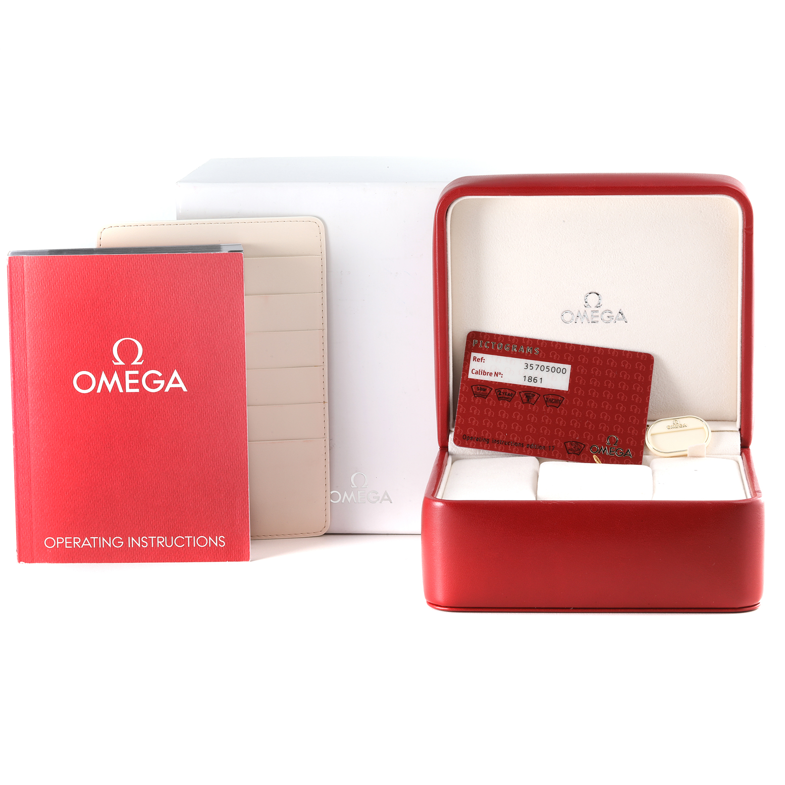 This image shows the packaging, operating instructions, and warranty card for the Omega Speedmaster 3570.50.00 Men
s Stainless Steel Black Dial 3570.50.00 Men
s Stainless Steel Black Dial watch.