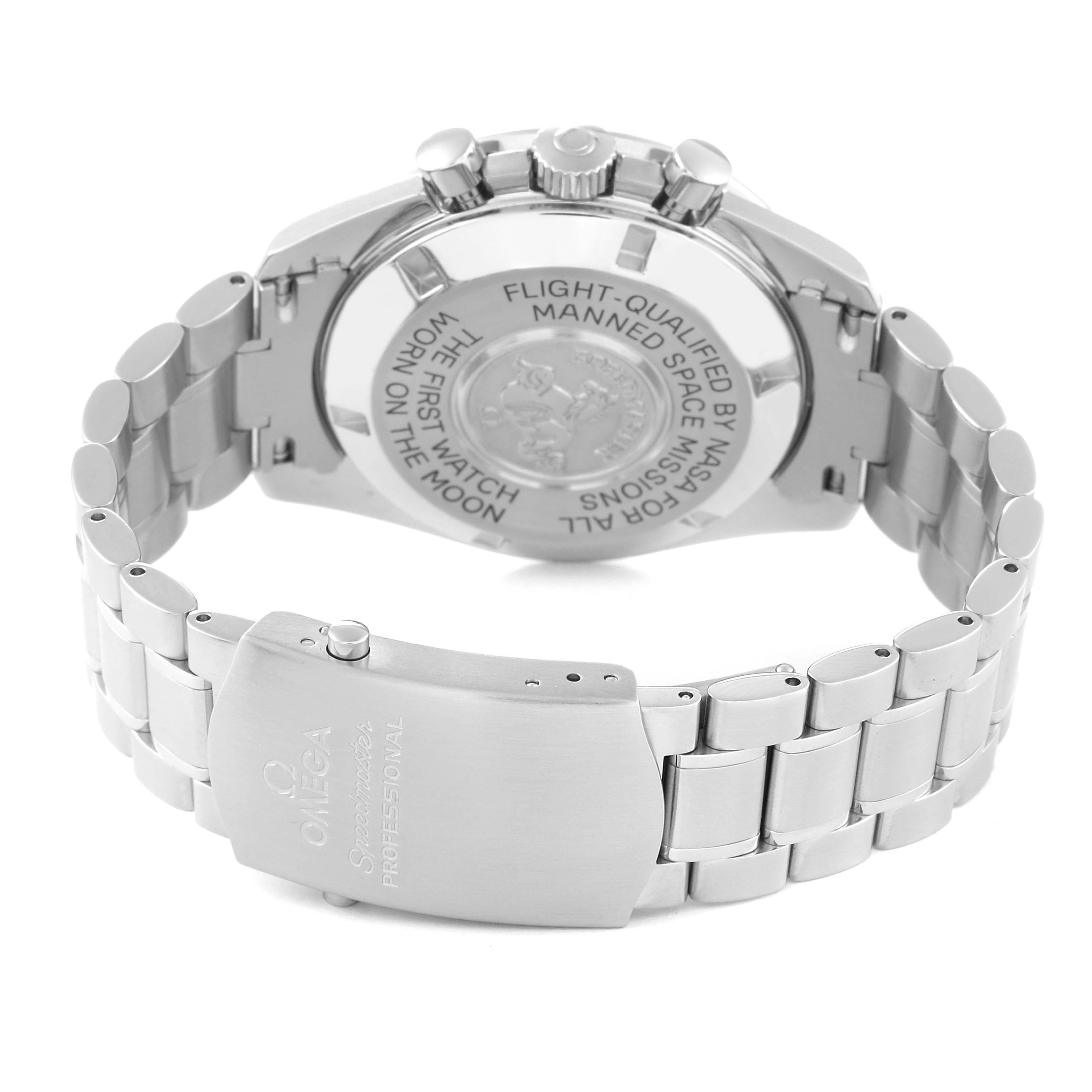 This image shows the back case, crown, pushers, and stainless steel bracelet of an Omega Speedmaster 3570.50.00 Men
s Stainless Steel Black Dial 3570.50.00 Men
s Stainless Steel Black Dial watch.