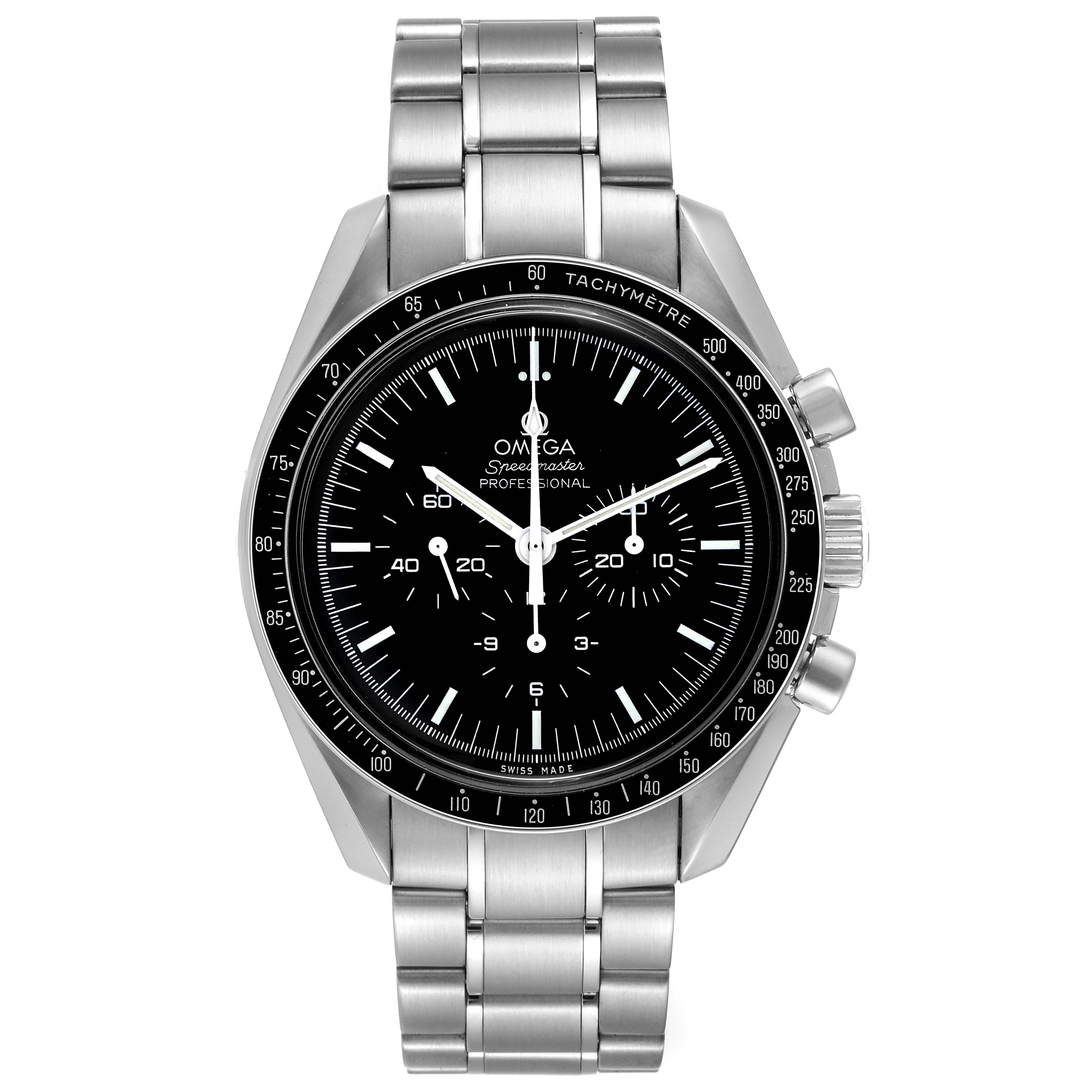 The Omega Speedmaster 3570.50.00 Men
s Stainless Steel Black Dial 3570.50.00 Men
s Stainless Steel Black Dial watch is shown from a front angle, displaying its face, bezel, and stainless steel bracelet.