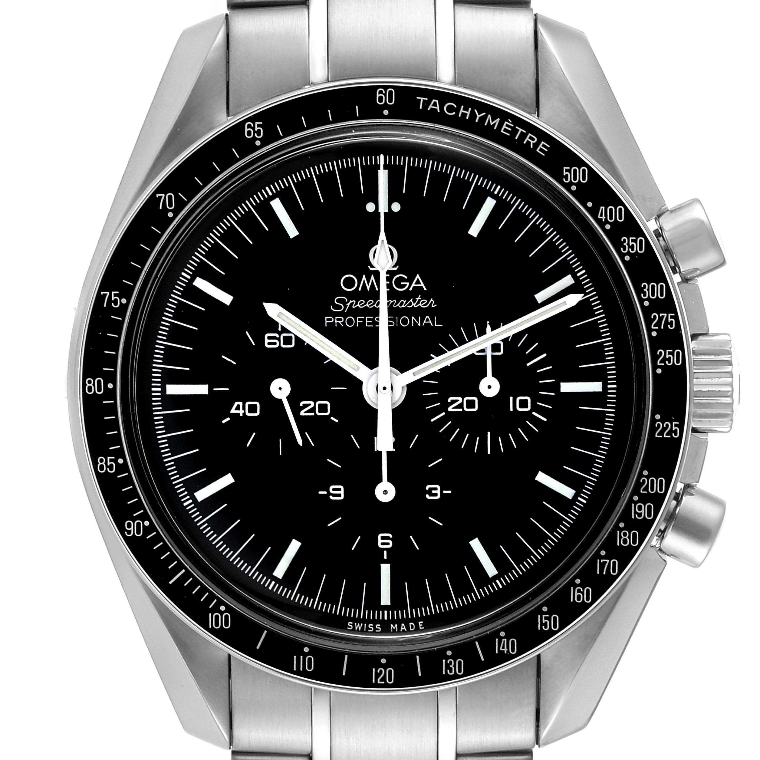 The image shows a front view of an Omega Speedmaster 3570.50.00 Men
s Stainless Steel Black Dial 3570.50.00 Men
s Stainless Steel Black Dial watch, highlighting the dial, tachymeter bezel, and pushers.
