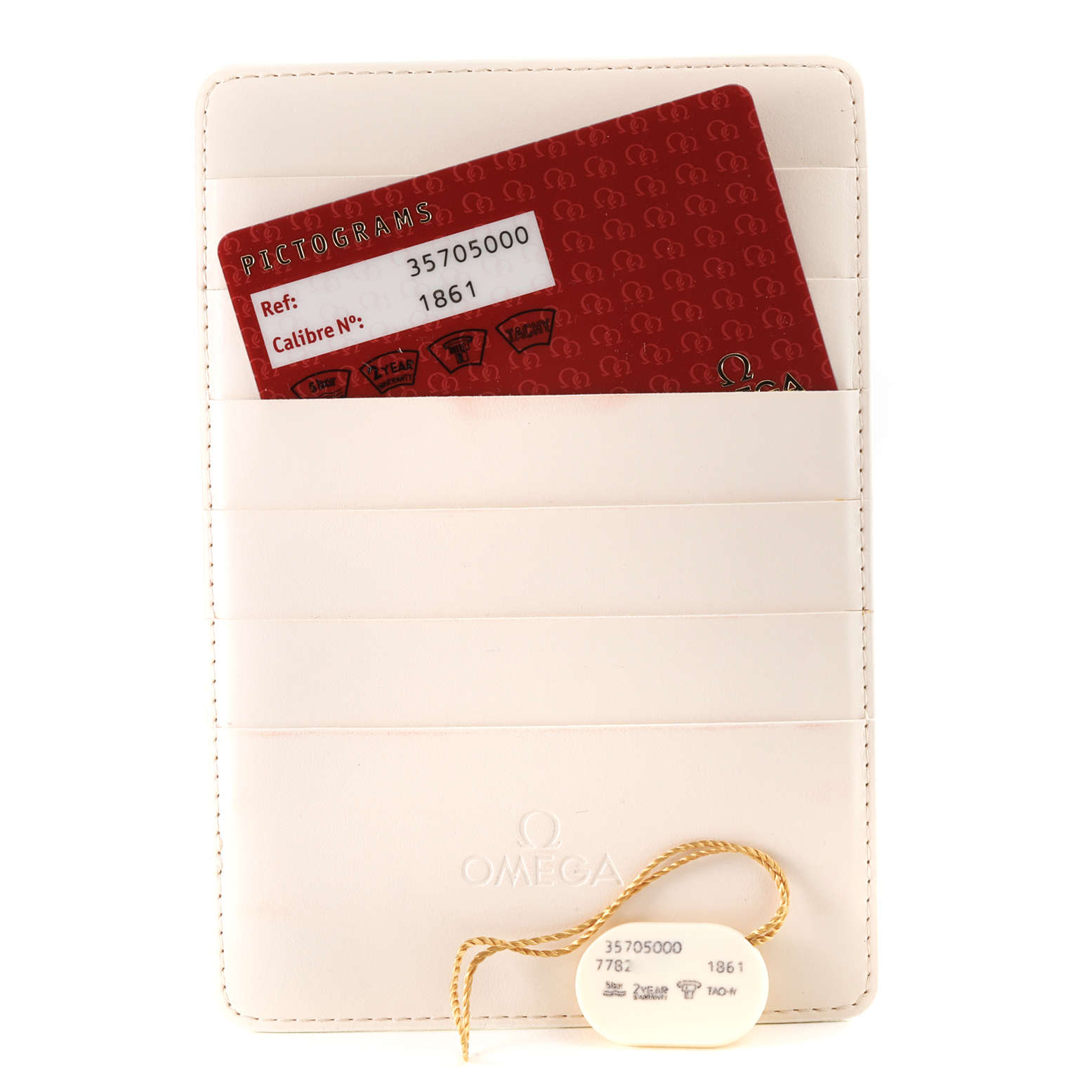 The image shows a cardholder with a red Omega Speedmaster 3570.50.00 Men
s Stainless Steel Black Dial 3570.50.00 Men
s Stainless Steel Black Dial model card and a tag for the watch.