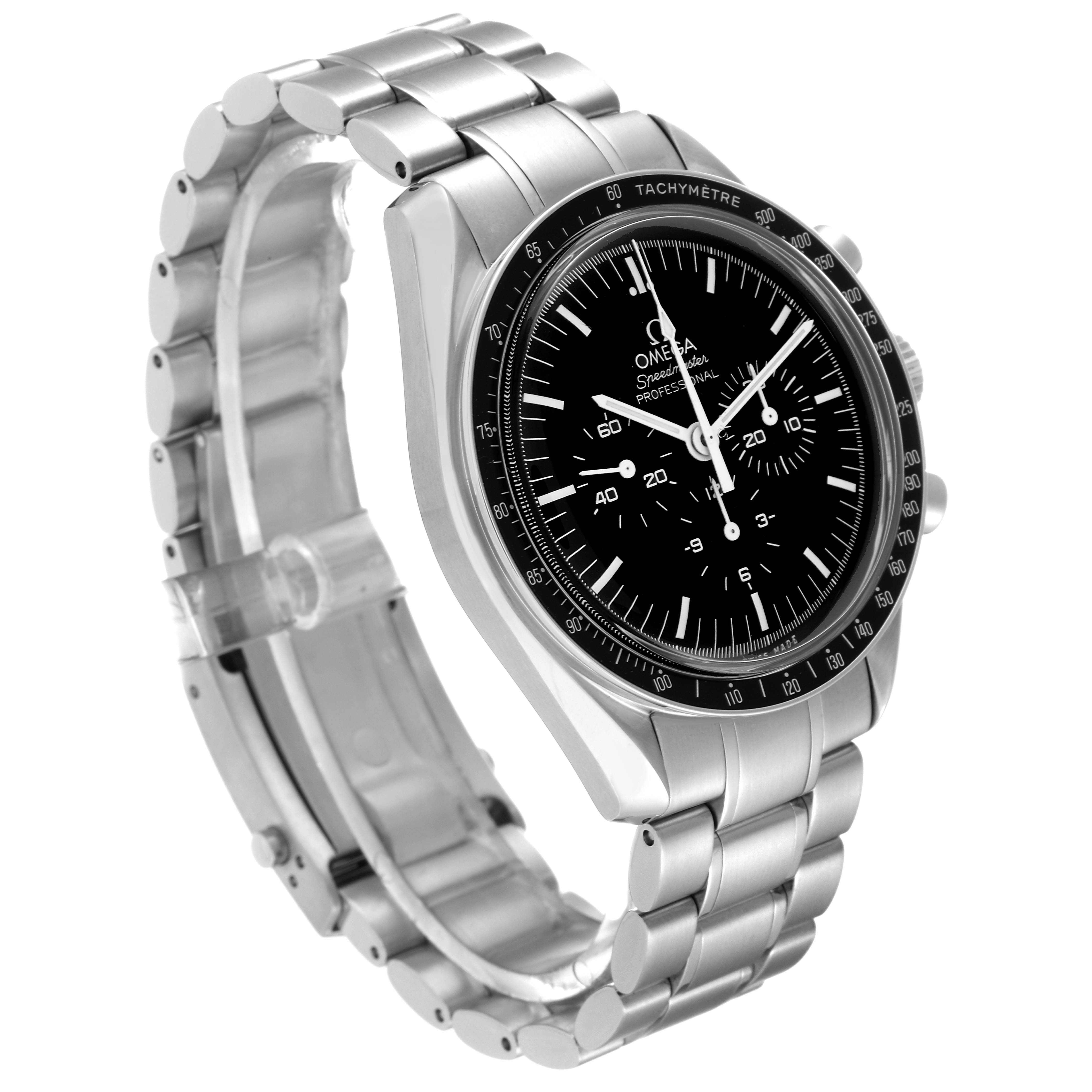 The Omega Speedmaster 3570.50.00 Men
s Stainless Steel Black Dial 3570.50.00 Men
s Stainless Steel Black Dial watch is shown at an angle highlighting the stainless steel bracelet, black dial, and tachymeter bezel.