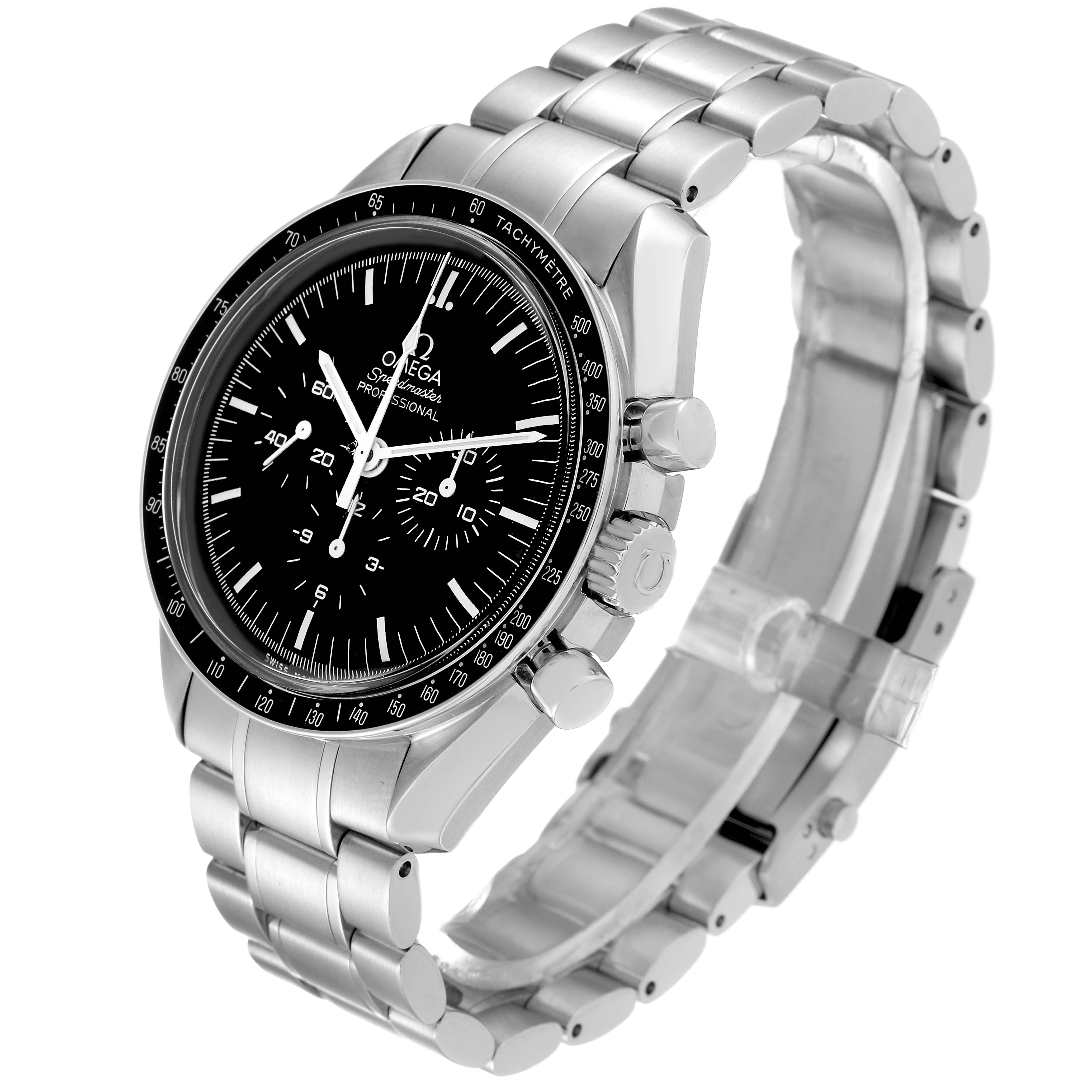 This image shows an Omega Speedmaster 3570.50.00 Men
s Stainless Steel Black Dial 3570.50.00 Men
s Stainless Steel Black Dial watch at a three-quarter angle, displaying the face, bezel, crown, pushers, and stainless steel bracelet.