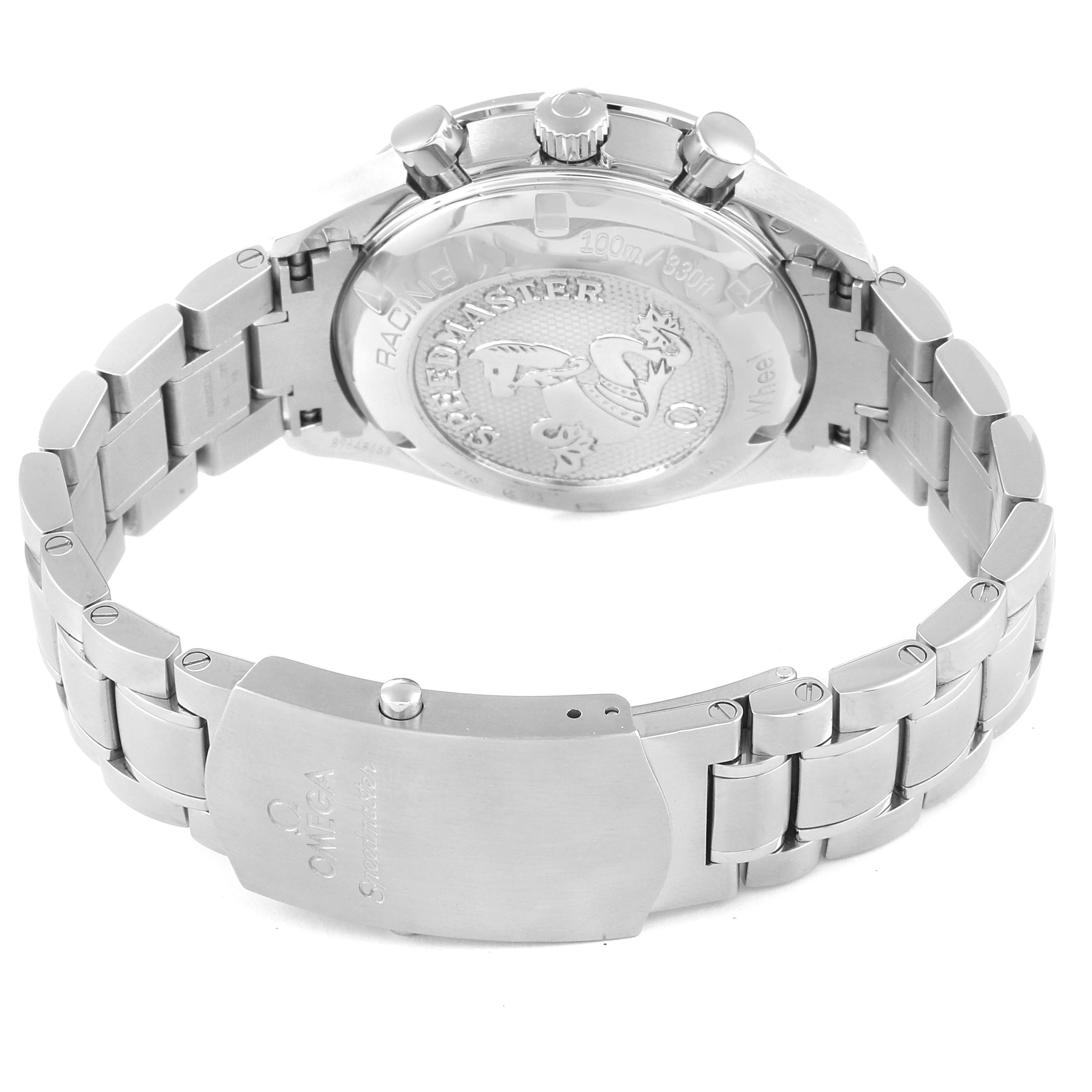 The image shows the back and bracelet of the Omega Speedmaster 326.30.40.50.06.001 Men's Stainless Steel Grey Dial 326.30.40.50.06.001 Men's Stainless Steel Grey Dial watch, focusing on the case back and deployment clasp.