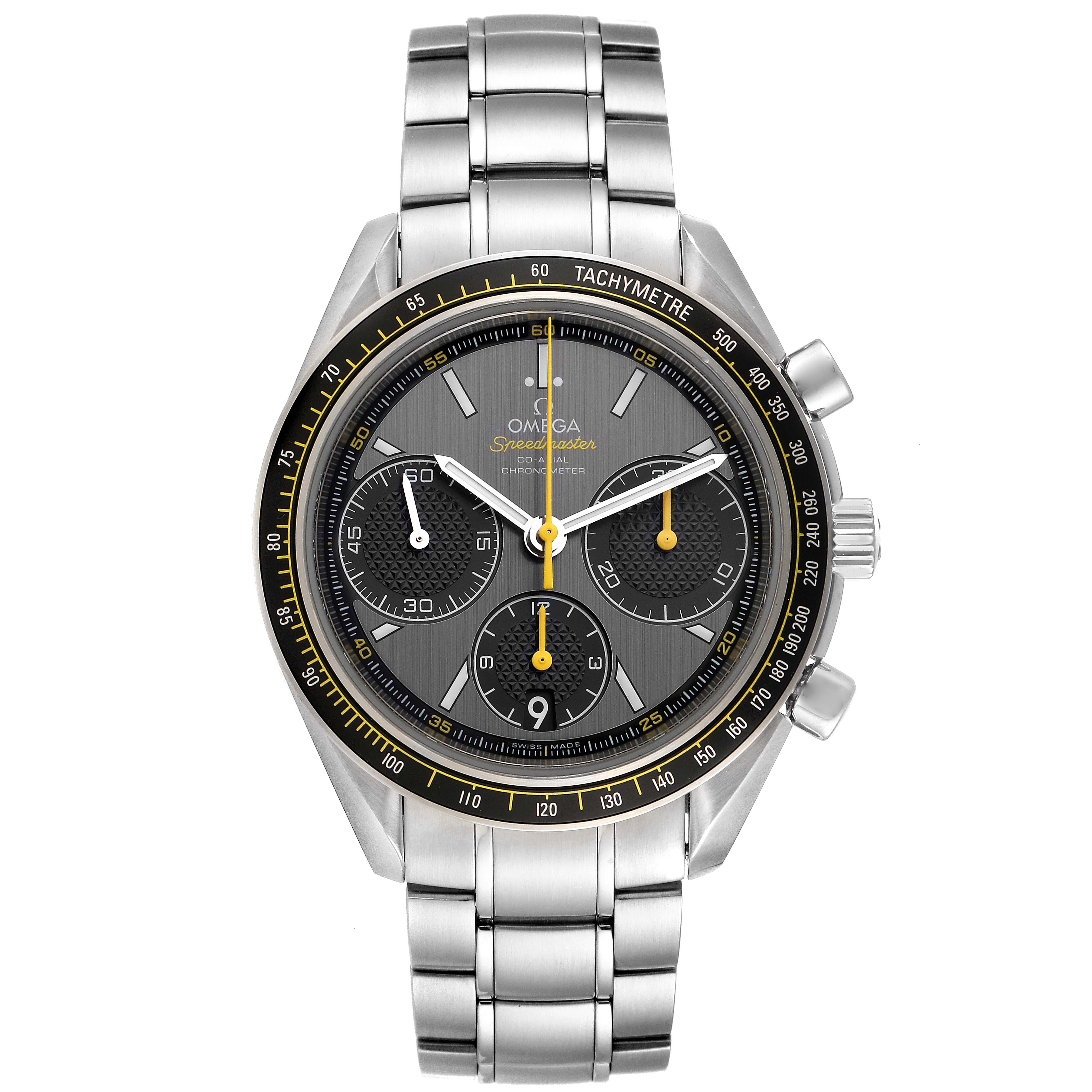 The Omega Speedmaster 326.30.40.50.06.001 Men's Stainless Steel Grey Dial 326.30.40.50.06.001 Men's Stainless Steel Grey Dial watch is shown from the front, featuring its face, tachymeter bezel, chronograph subdials, and metal bracelet.