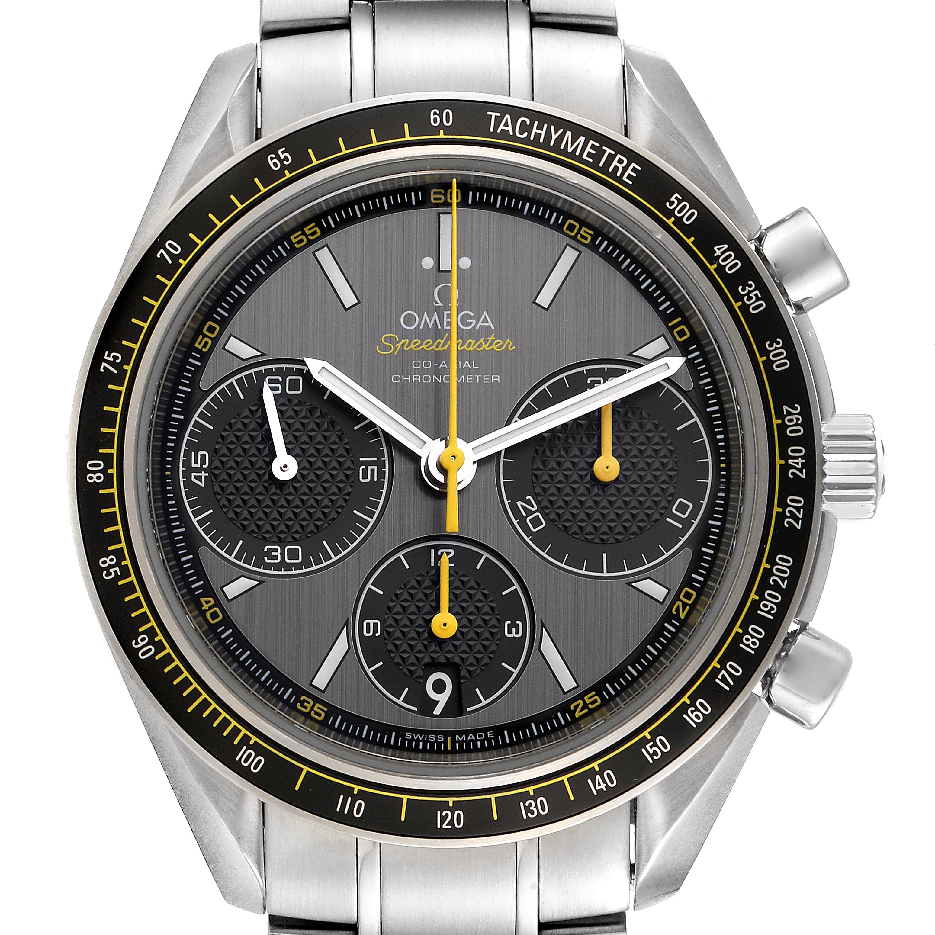 The image shows a front view of an Omega Speedmaster 326.30.40.50.06.001 Men's Stainless Steel Grey Dial 326.30.40.50.06.001 Men's Stainless Steel Grey Dial watch, highlighting the dial, tachymeter, and chronograph sub-dials.