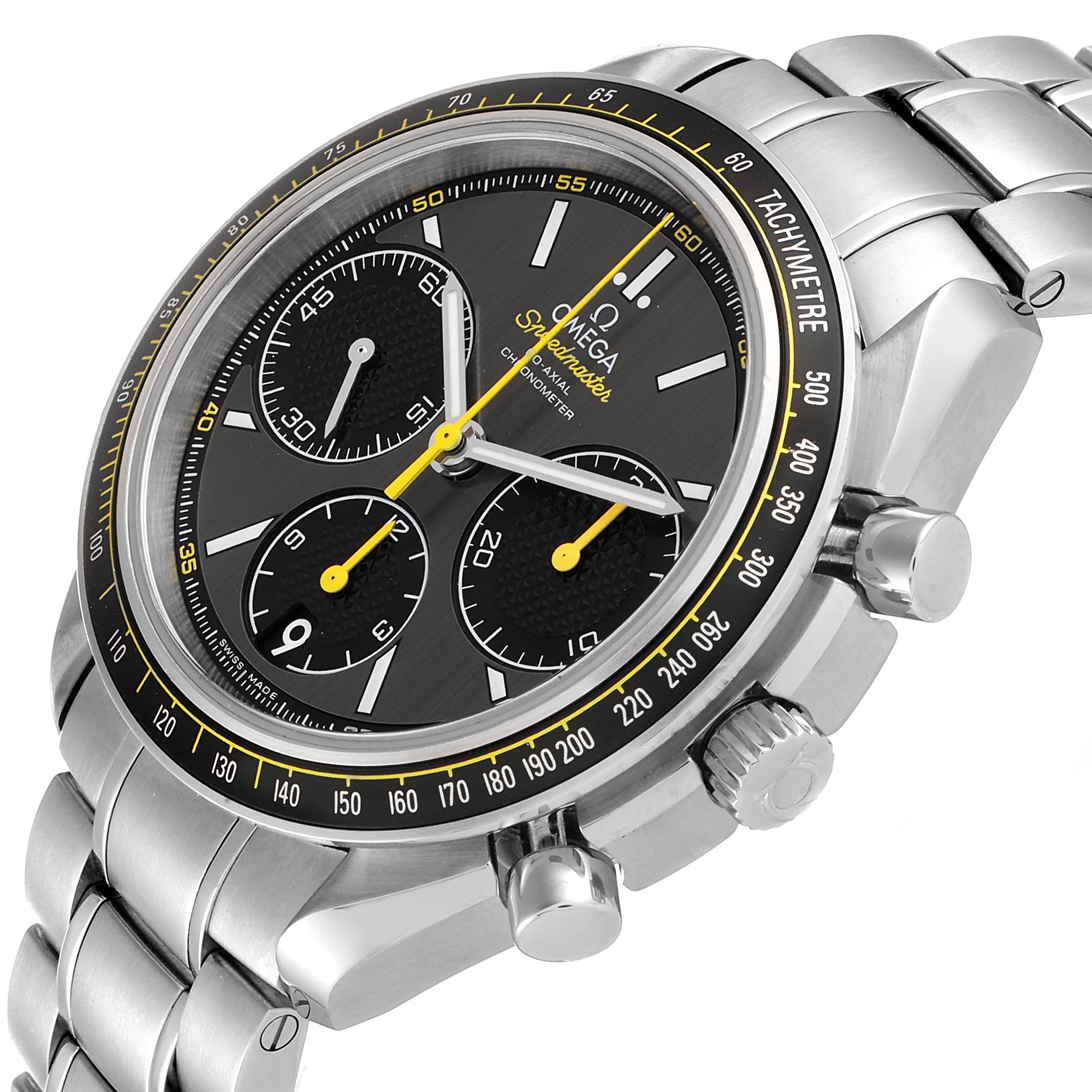 The image shows an angled close-up of the Omega Speedmaster 326.30.40.50.06.001 Men's Stainless Steel Grey Dial 326.30.40.50.06.001 Men's Stainless Steel Grey Dial watch, highlighting its face, tachymeter bezel, and pushers.