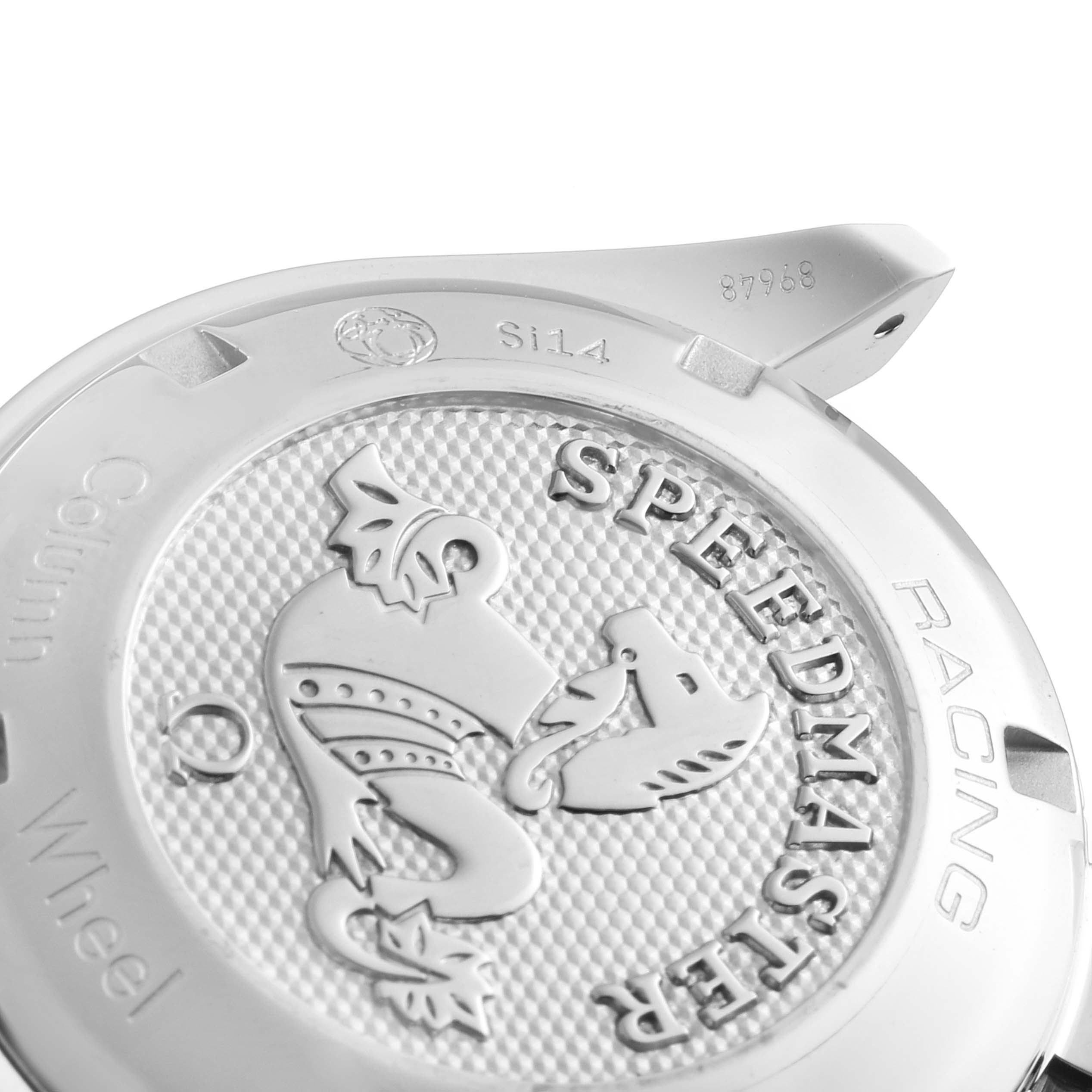 This is a close-up of the backside of an Omega Speedmaster 326.30.40.50.06.001 Men's Stainless Steel Grey Dial 326.30.40.50.06.001 Men's Stainless Steel Grey Dial watch, featuring the engraved emblem and model details.