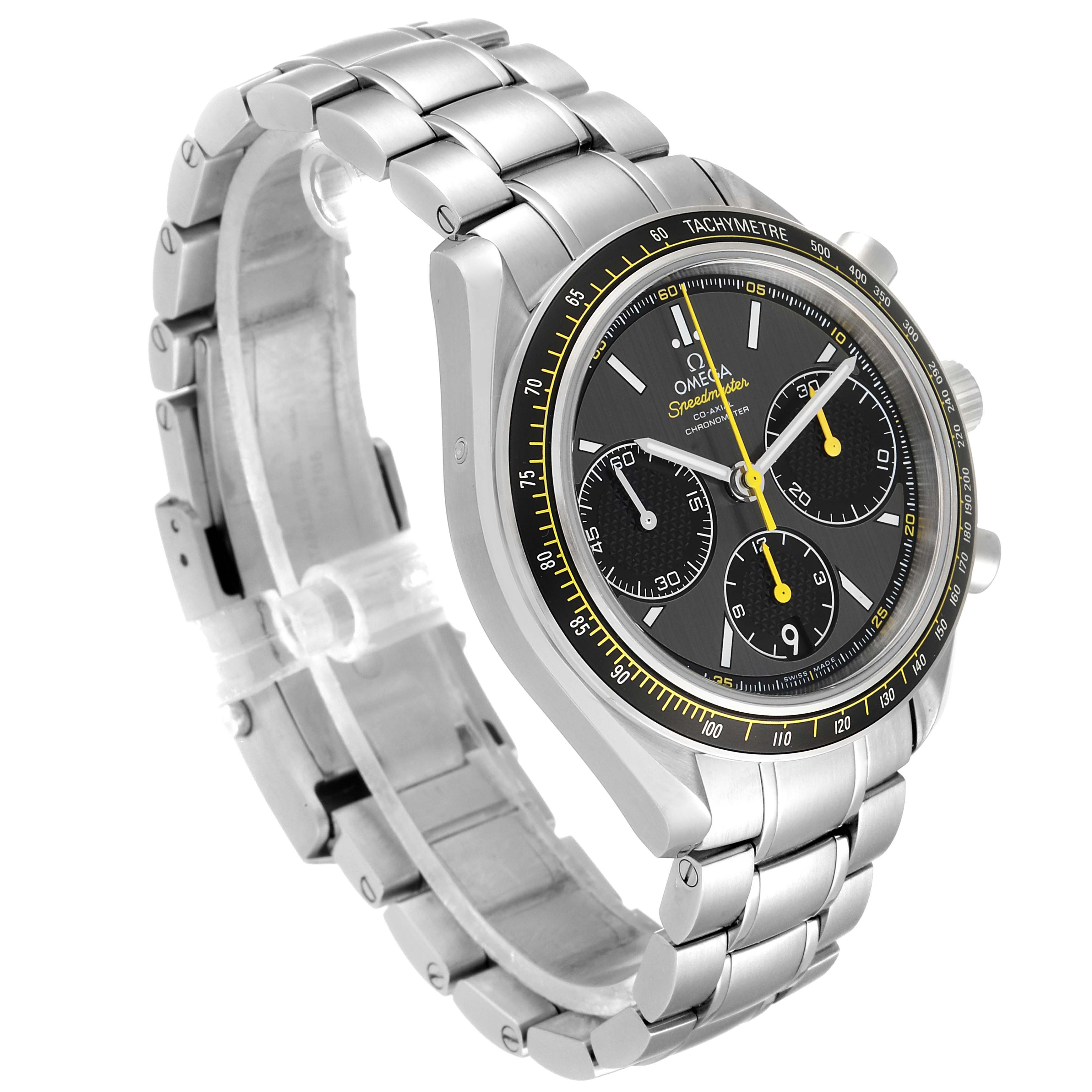 The image shows a close-up, three-quarter view of an Omega Speedmaster 326.30.40.50.06.001 Men's Stainless Steel Grey Dial 326.30.40.50.06.001 Men's Stainless Steel Grey Dial watch, highlighting its bracelet, dial, and tachymeter bezel.