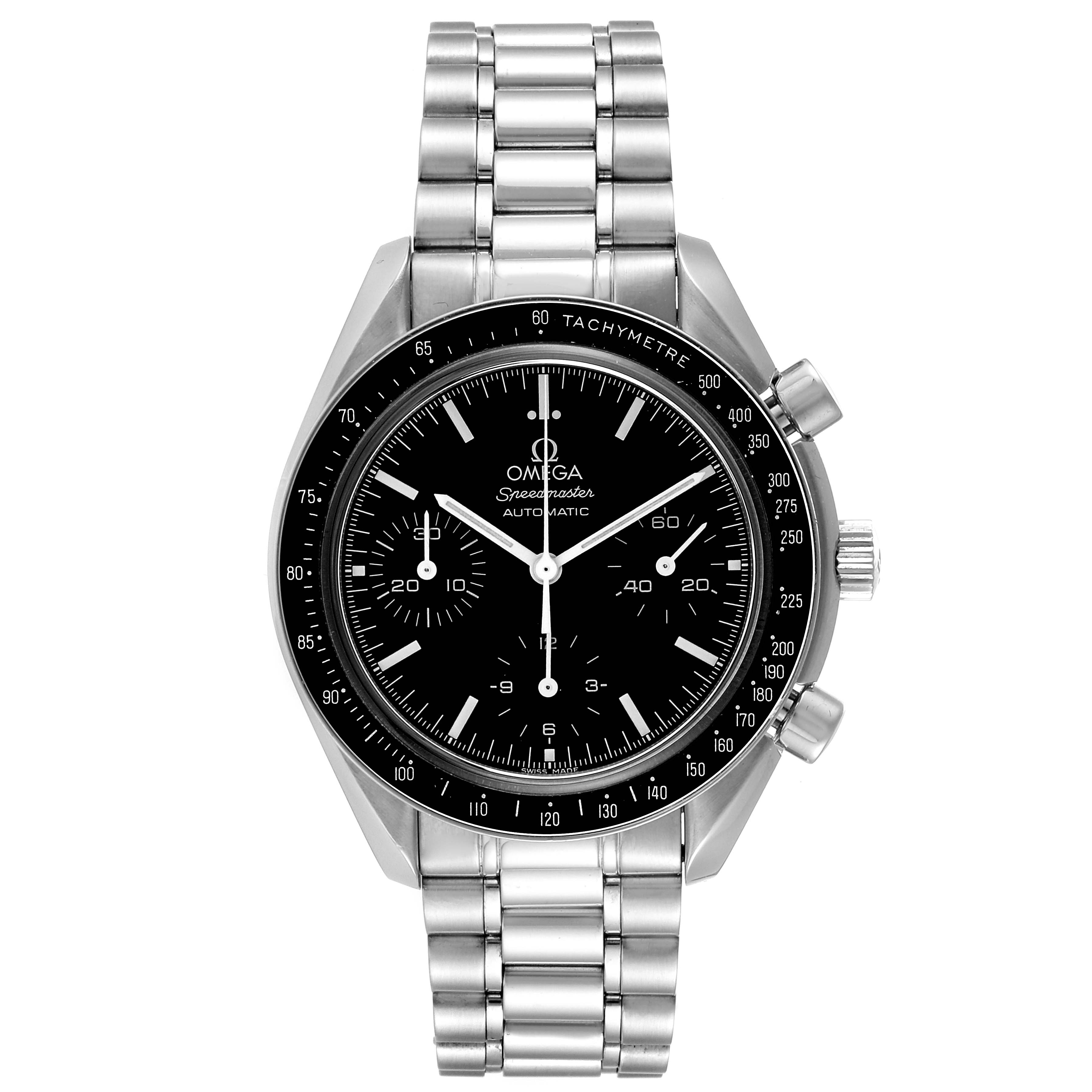 The image shows a front view of the Omega Speedmaster 3539.50.00 Men
s Stainless Steel Black Dial 3539.50.00 Men
s Stainless Steel Black Dial watch, displaying the dial, bezel, and metal bracelet.
