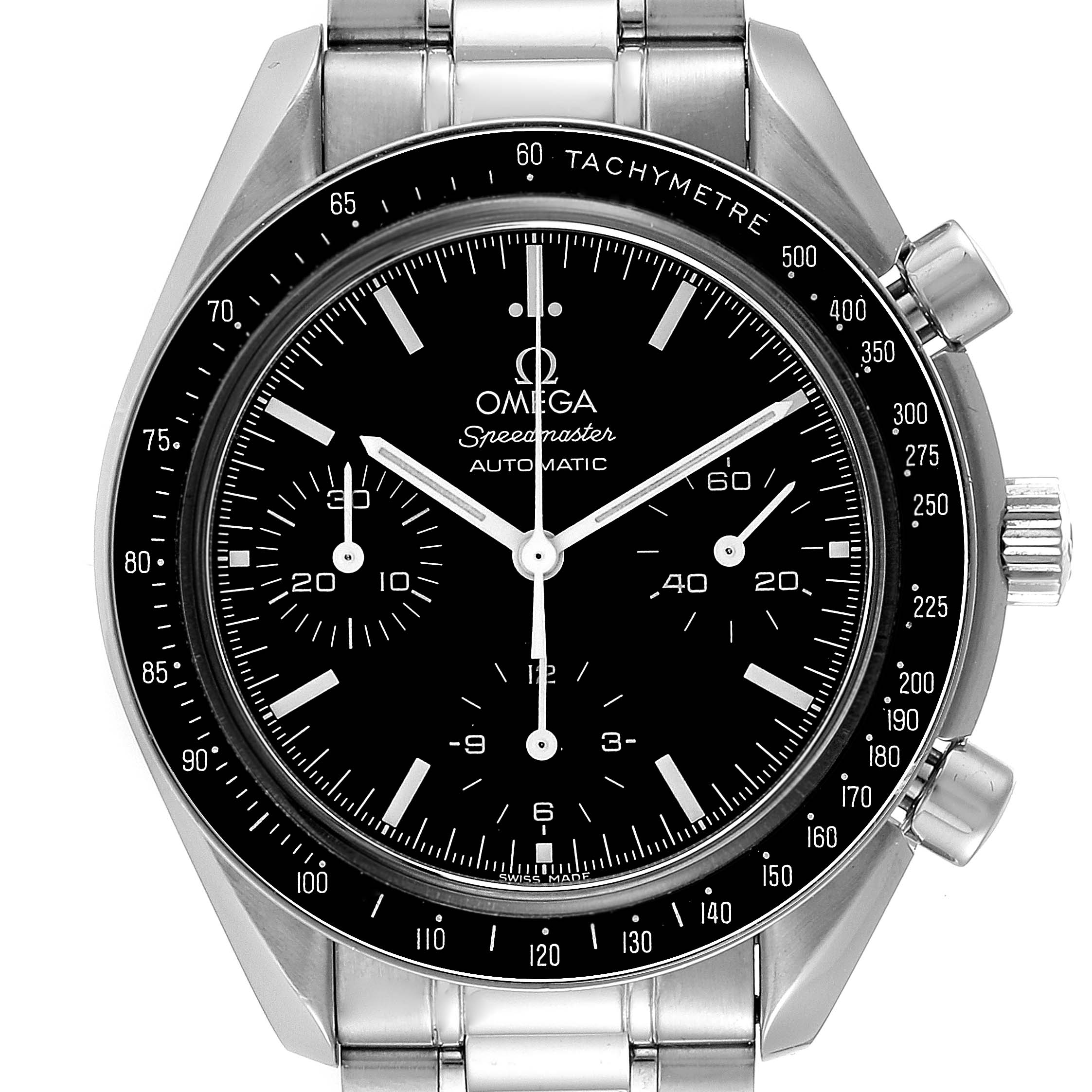 The image shows a front view of an Omega Speedmaster 3539.50.00 Men
s Stainless Steel Black Dial 3539.50.00 Men
s Stainless Steel Black Dial watch with its black dial, tachymeter bezel, and stainless steel bracelet.