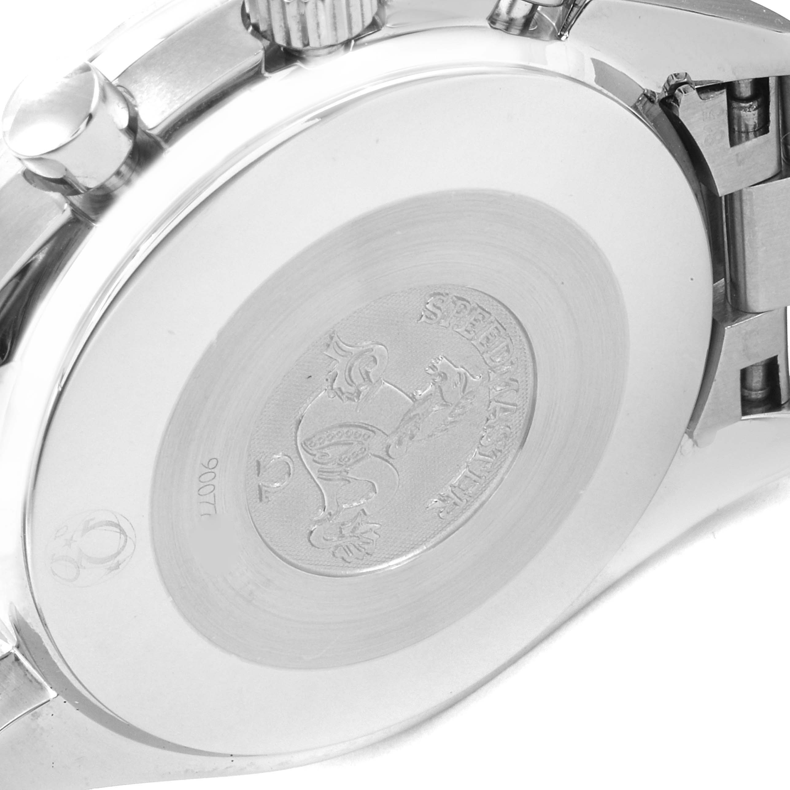 The image shows the back casing of an Omega Speedmaster 3539.50.00 Men
s Stainless Steel Black Dial 3539.50.00 Men
s Stainless Steel Black Dial watch at an angle, displaying the engraved logo and metal bracelet.