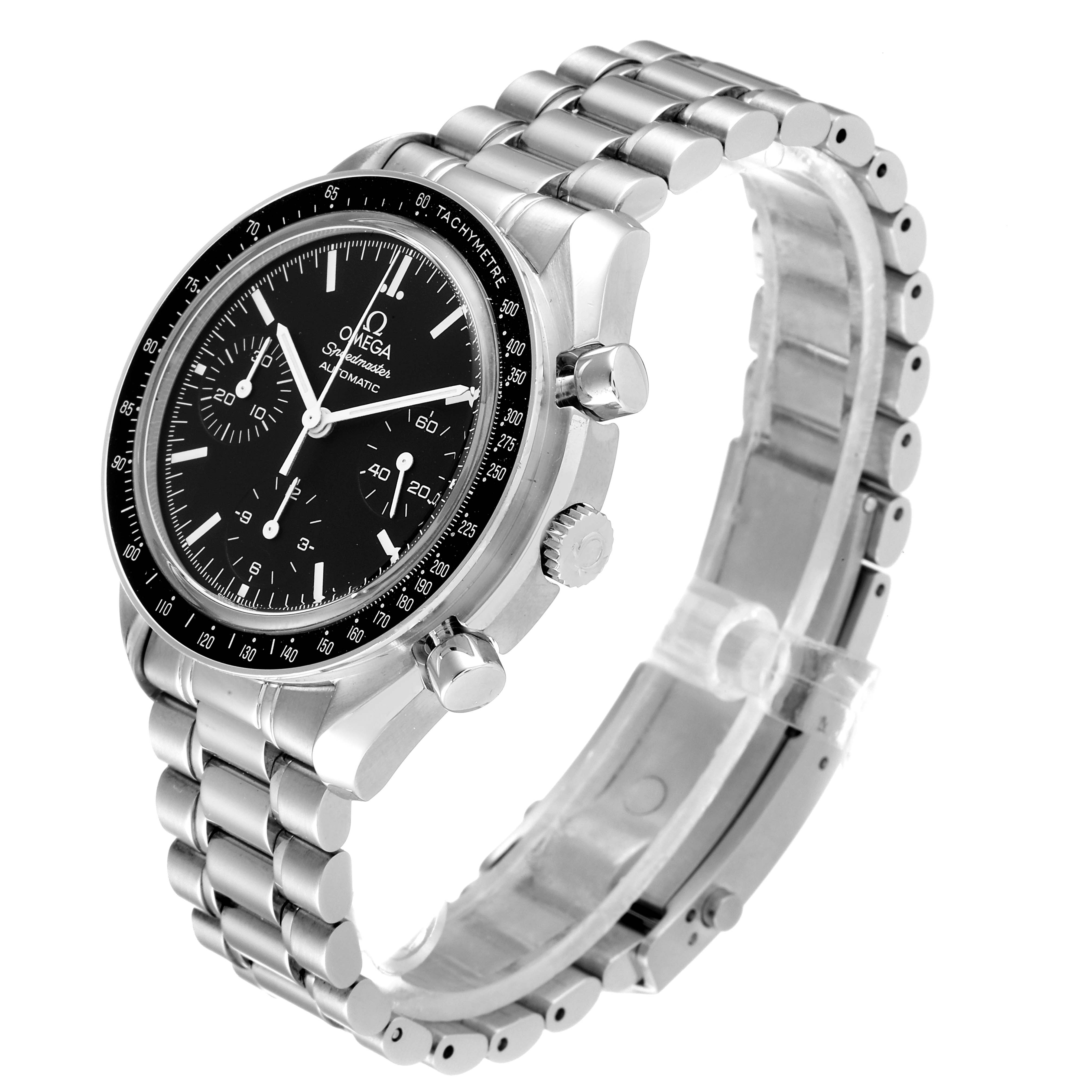 The image shows an Omega Speedmaster 3539.50.00 Men
s Stainless Steel Black Dial 3539.50.00 Men
s Stainless Steel Black Dial watch at a three-quarter angle, displaying its face, bezel, pushers, and bracelet.
