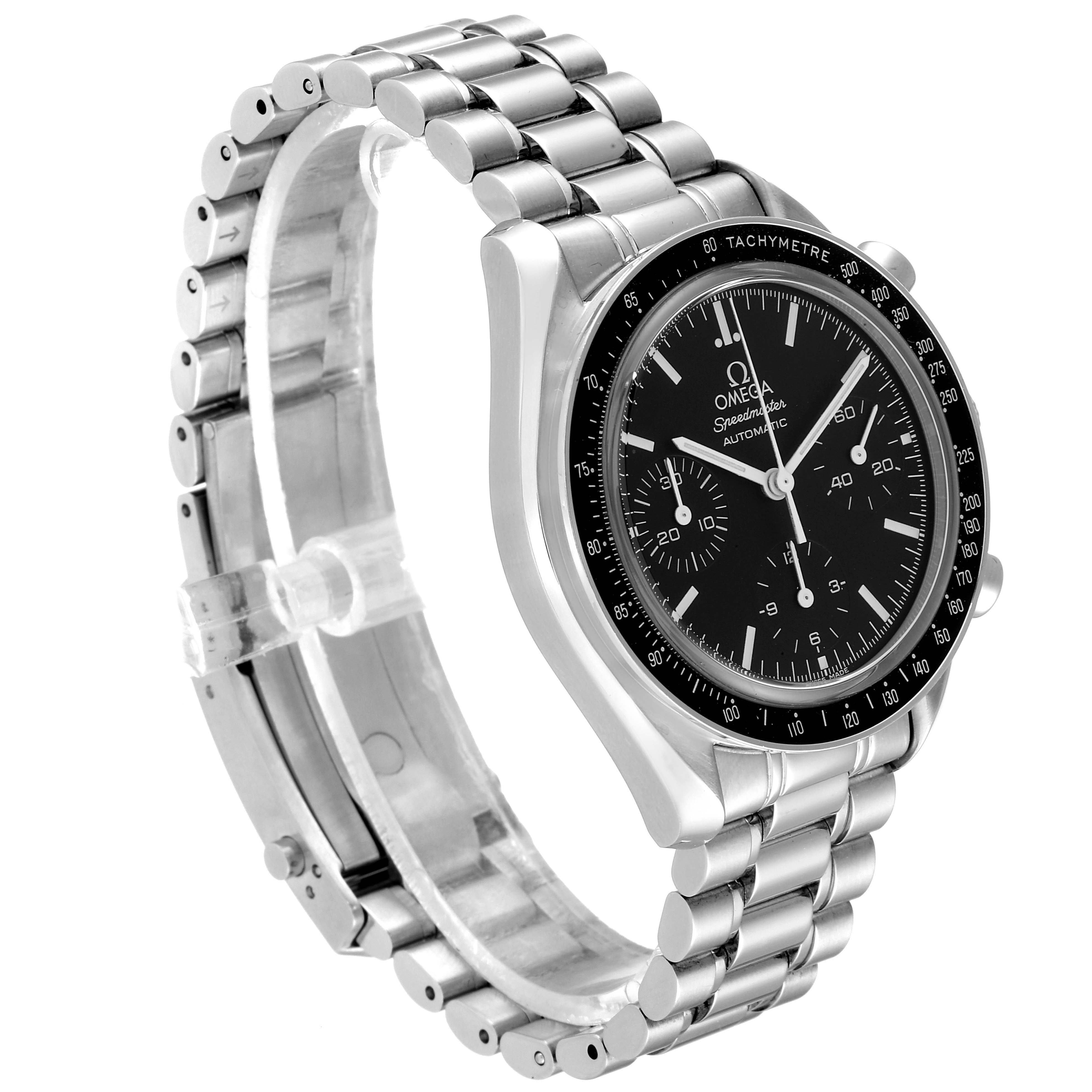 This image shows the Omega Speedmaster 3539.50.00 Men
s Stainless Steel Black Dial 3539.50.00 Men
s Stainless Steel Black Dial wristwatch at a three-quarter angle, highlighting its face, bezel, and metal bracelet.