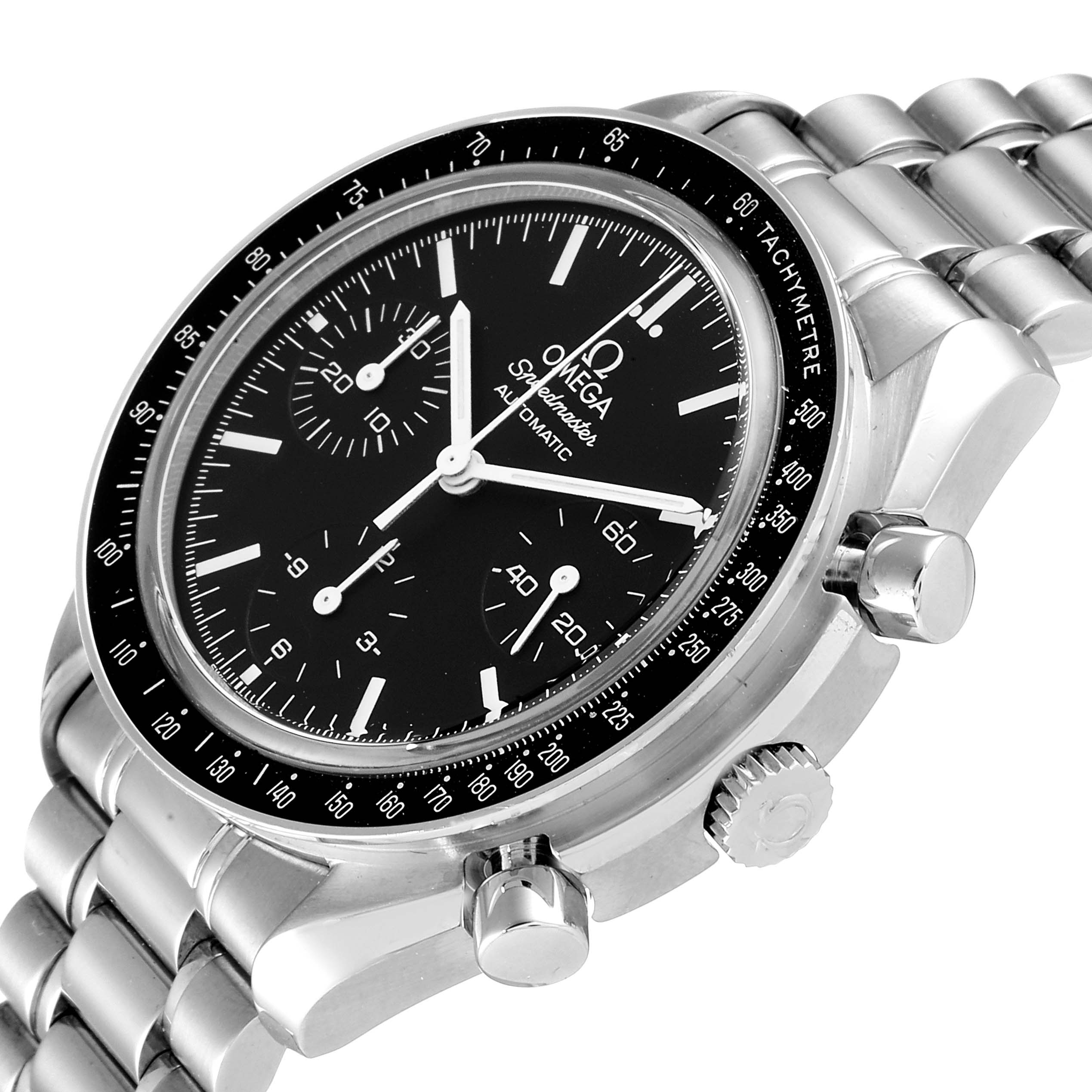 The Omega Speedmaster 3539.50.00 Men
s Stainless Steel Black Dial 3539.50.00 Men
s Stainless Steel Black Dial watch is shown at an angle, highlighting the face, bezel, pushers, crown, and part of the metal bracelet.