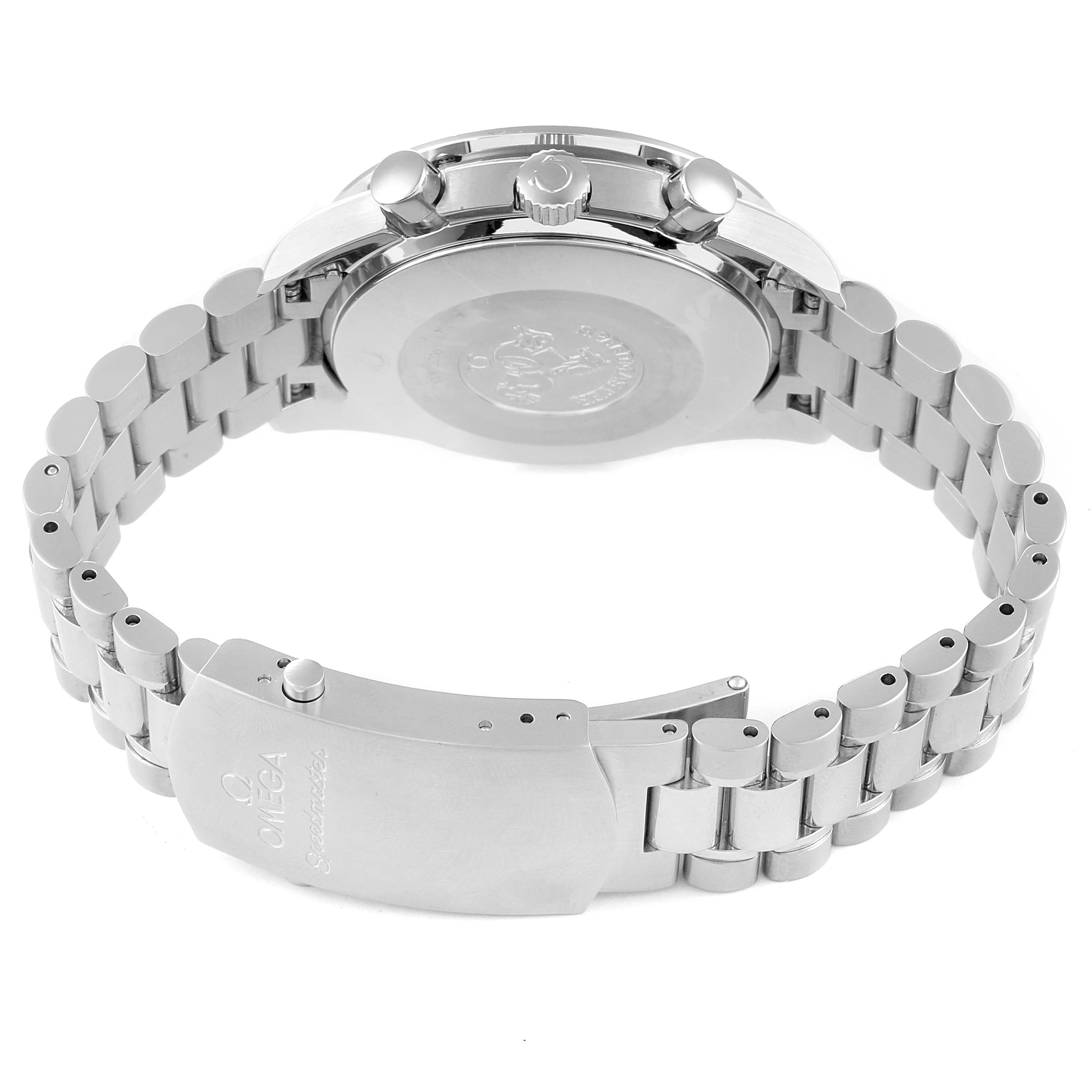 The image shows the clasp, bracelet, case back, crown, and pushers of the Omega Speedmaster 3539.50.00 Men
s Stainless Steel Black Dial 3539.50.00 Men
s Stainless Steel Black Dial watch from a rear angle.