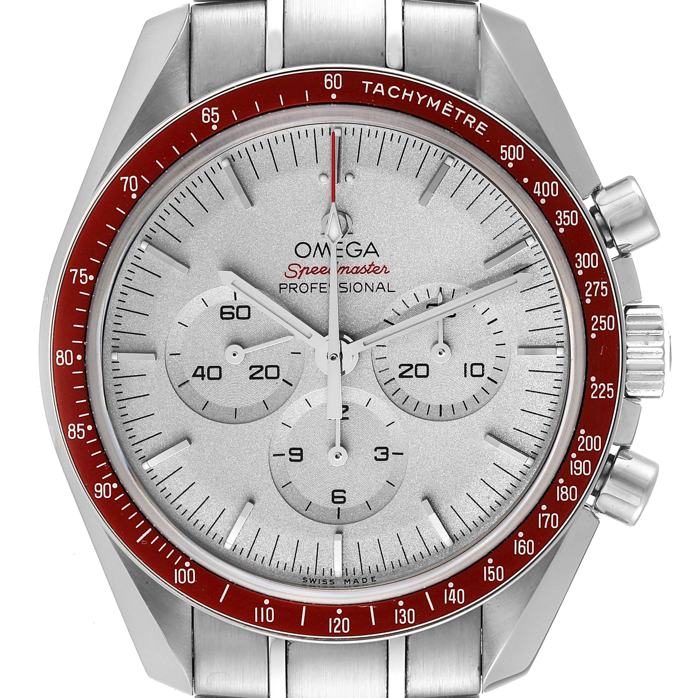 The image shows a front view of an Omega Speedmaster 522.30.42.30.06.001 Men's Stainless Steel Silver Dial 522.30.42.30.06.001 Men's Stainless Steel Silver Dial watch featuring its tachymeter bezel, subdials, and stainless steel bracelet.
