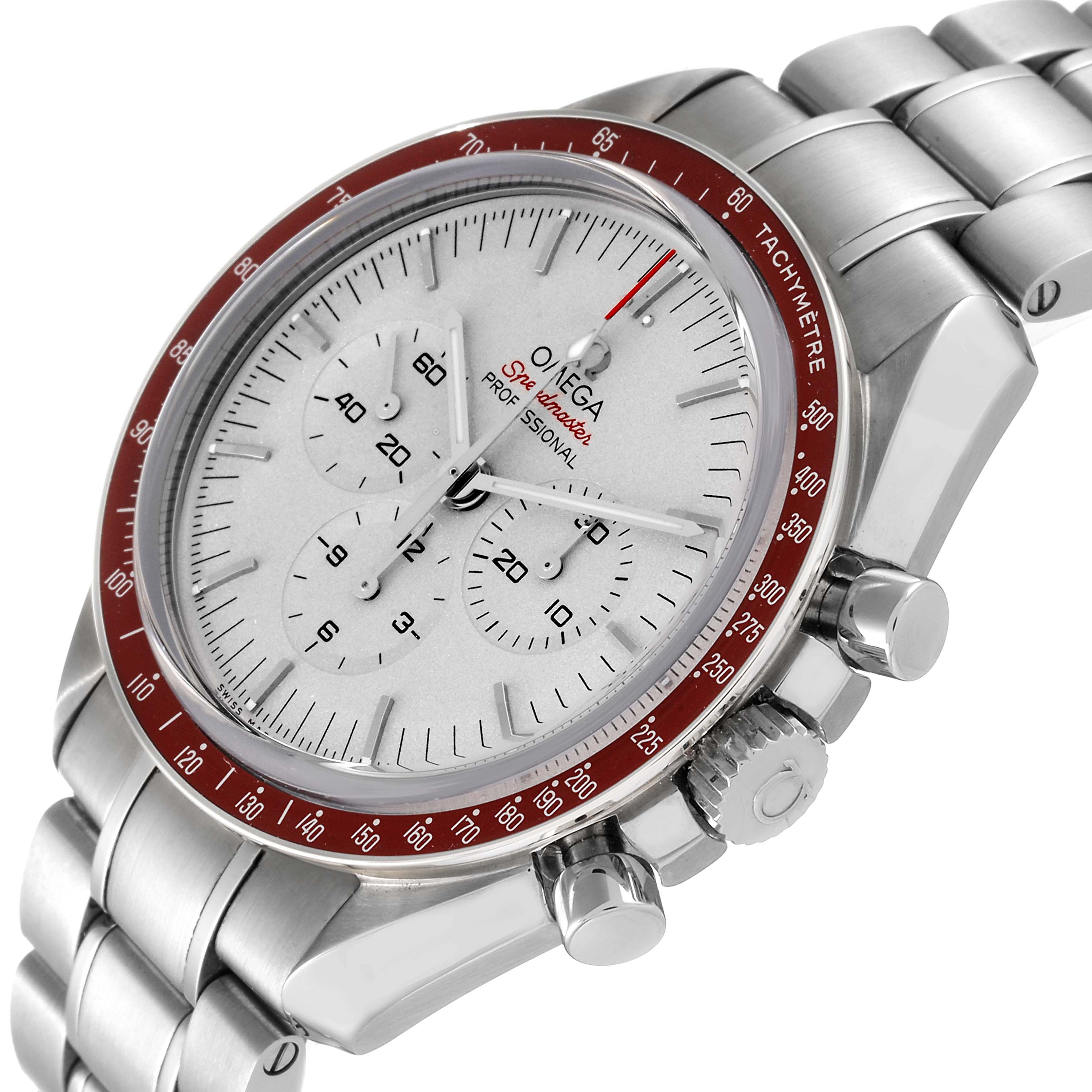 The image shows an Omega Speedmaster 522.30.42.30.06.001 Men's Stainless Steel Silver Dial 522.30.42.30.06.001 Men's Stainless Steel Silver Dial watch at a slight angle, highlighting the dial, bezel, pushers, and part of the bracelet.