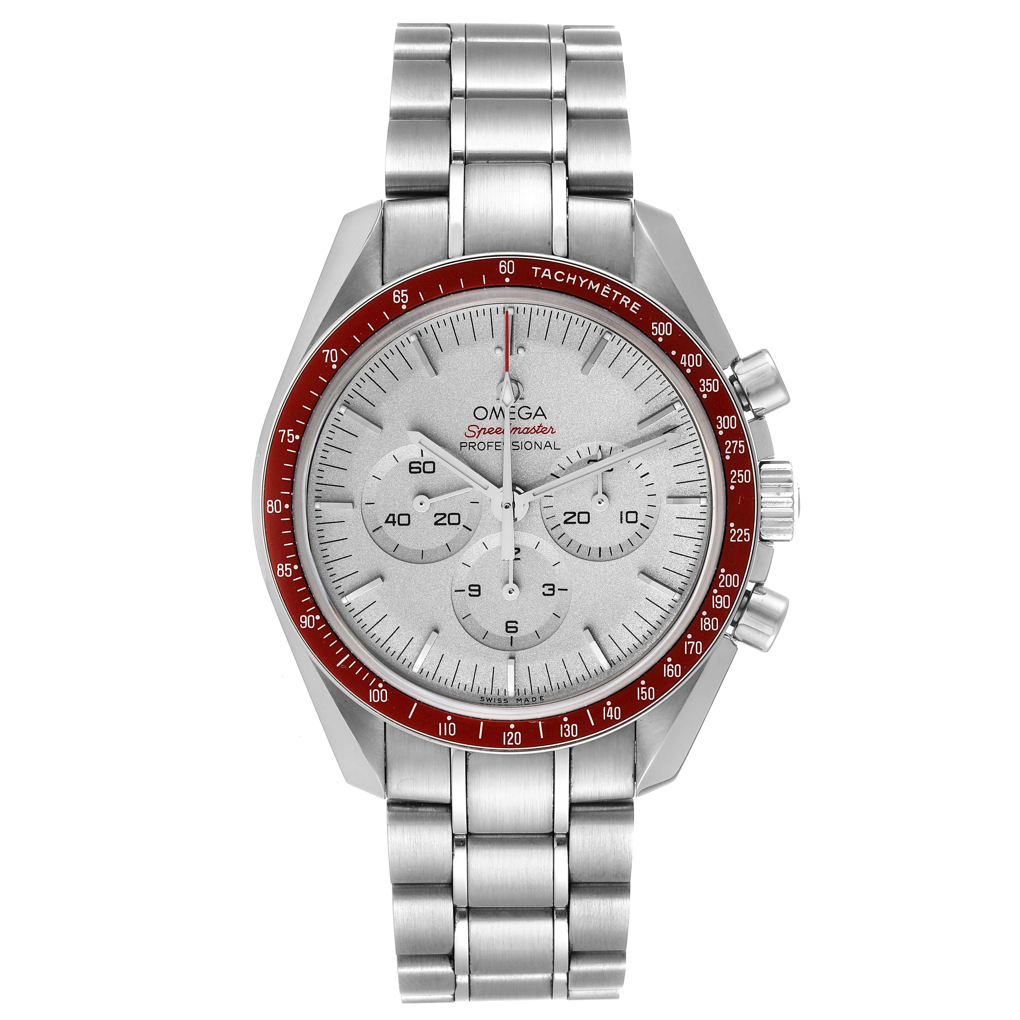 The image shows an Omega Speedmaster 522.30.42.30.06.001 Men's Stainless Steel Silver Dial 522.30.42.30.06.001 Men's Stainless Steel Silver Dial watch from a front angle, highlighting its dial, bezel, and stainless steel bracelet.
