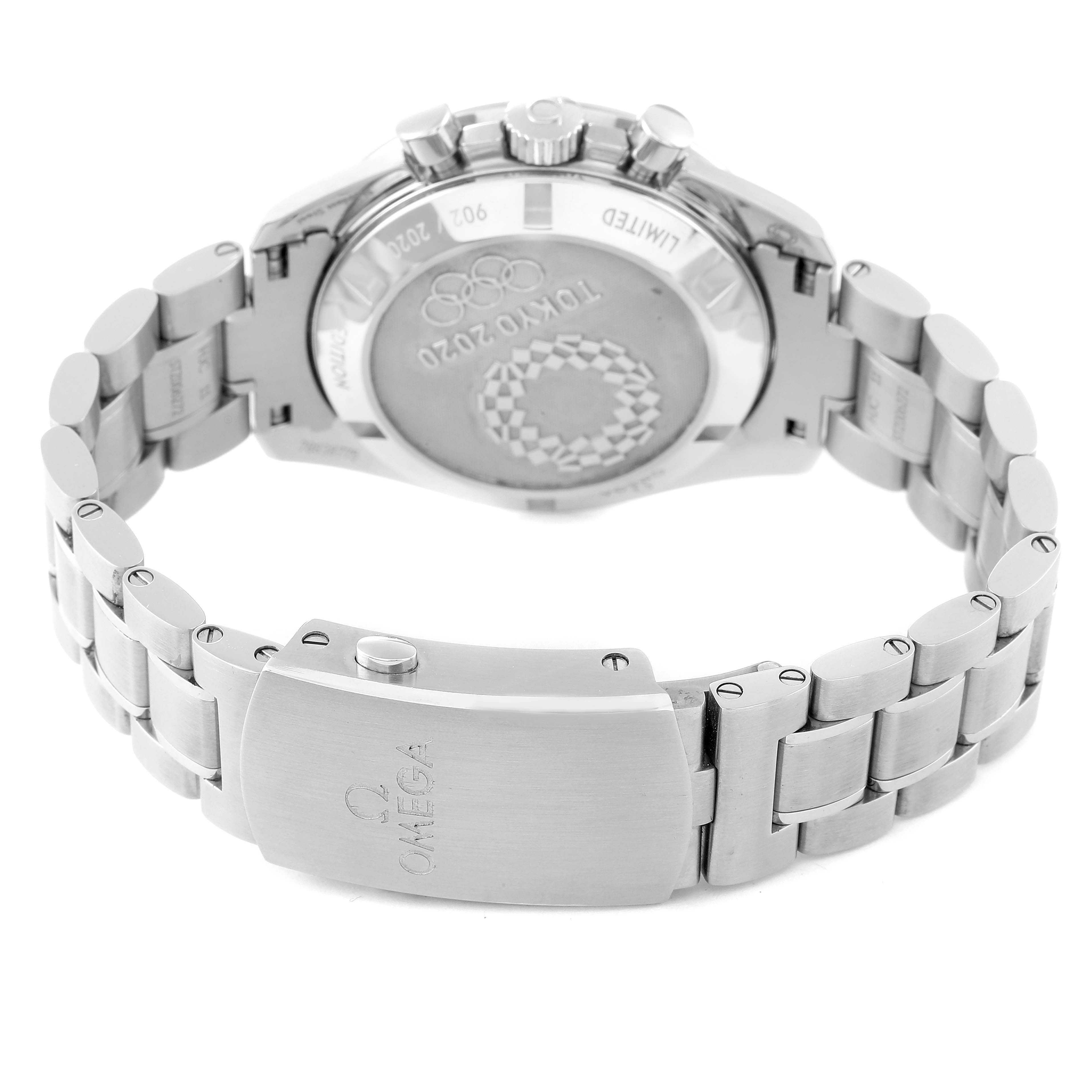 The image shows the back case and clasp of an Omega Speedmaster 522.30.42.30.06.001 Men's Stainless Steel Silver Dial 522.30.42.30.06.001 Men's Stainless Steel Silver Dial watch, including its metal bracelet and engravings.