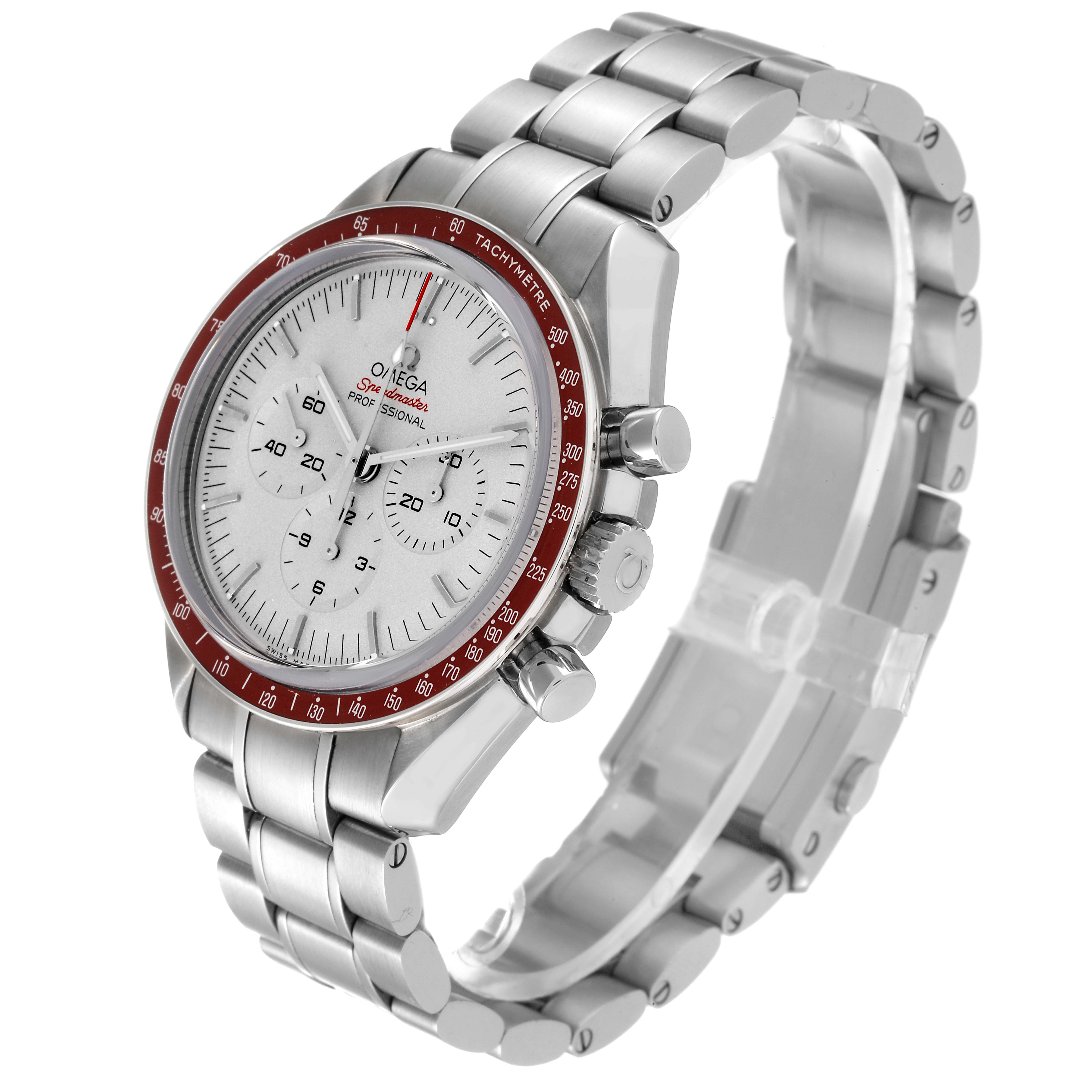 The Omega Speedmaster 522.30.42.30.06.001 Men's Stainless Steel Silver Dial 522.30.42.30.06.001 Men's Stainless Steel Silver Dial watch is shown at a three-quarter angle, highlighting its dial, bracelet, and side pushers.