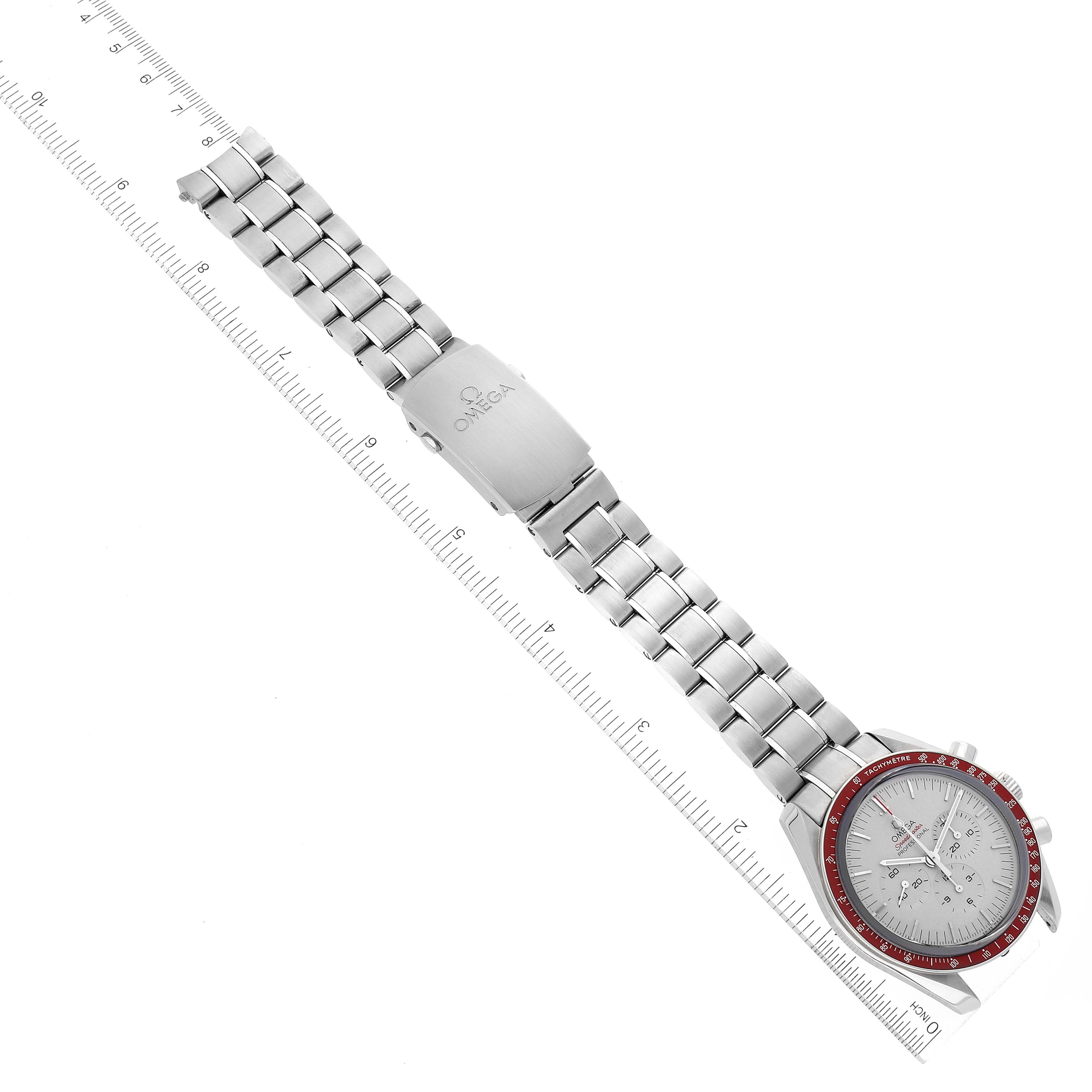 The Omega Speedmaster 522.30.42.30.06.001 Men's Stainless Steel Silver Dial 522.30.42.30.06.001 Men's Stainless Steel Silver Dial watch is shown from a top-down angle, displaying its stainless steel bracelet and clasp, along with a partially visible face.