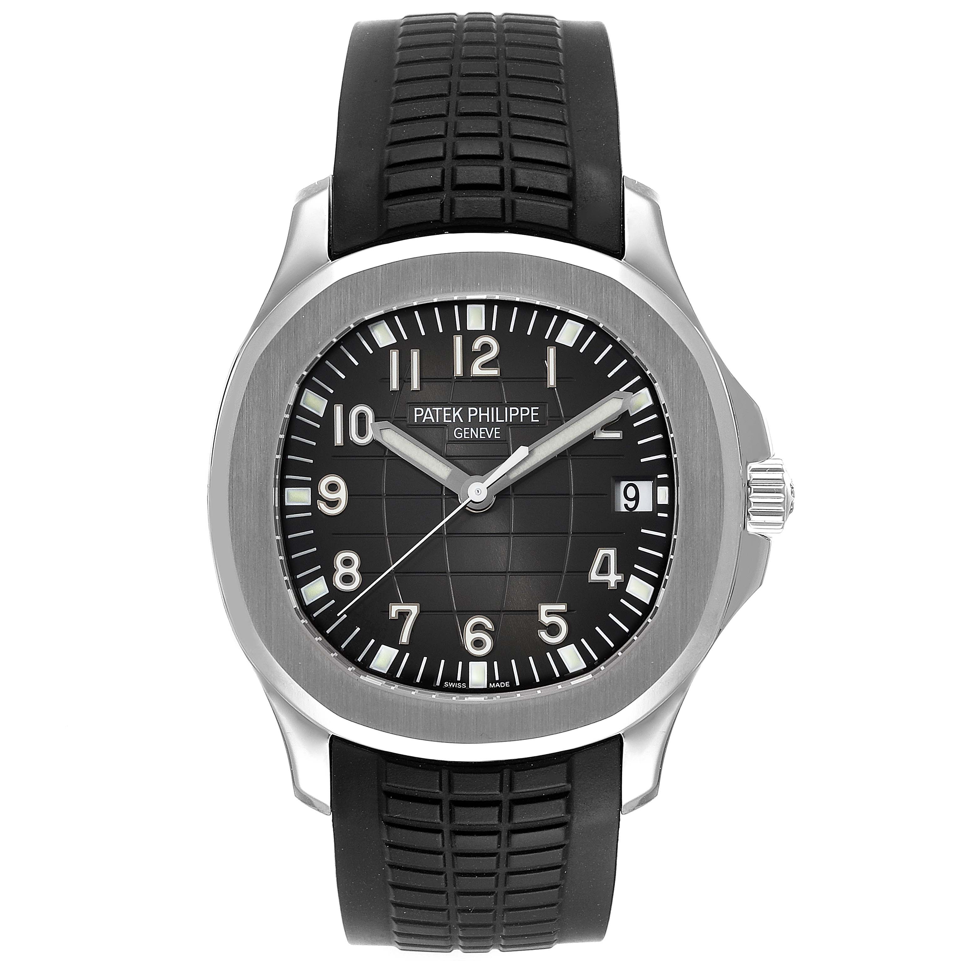 The image shows a front view of a Patek Philippe Aquanaut 5167A Men's Stainless Steel Black Dial 5167A Men's Stainless Steel Black Dial watch displaying the dial, bezel, and rubber strap.