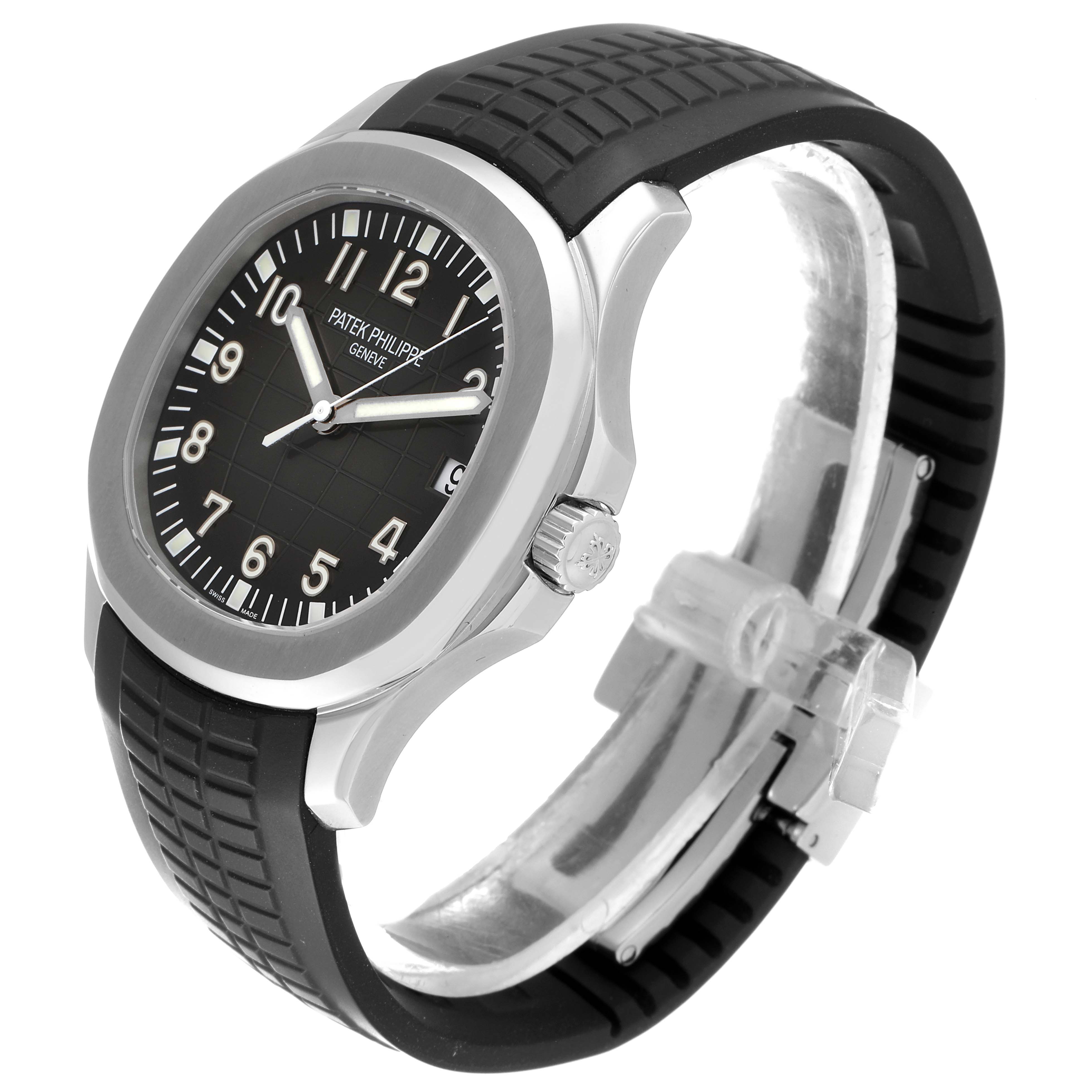 The image shows a side profile of the Patek Philippe Aquanaut 5167A Men's Stainless Steel Black Dial 5167A Men's Stainless Steel Black Dial watch, highlighting the case, dial, crown, and rubber strap.