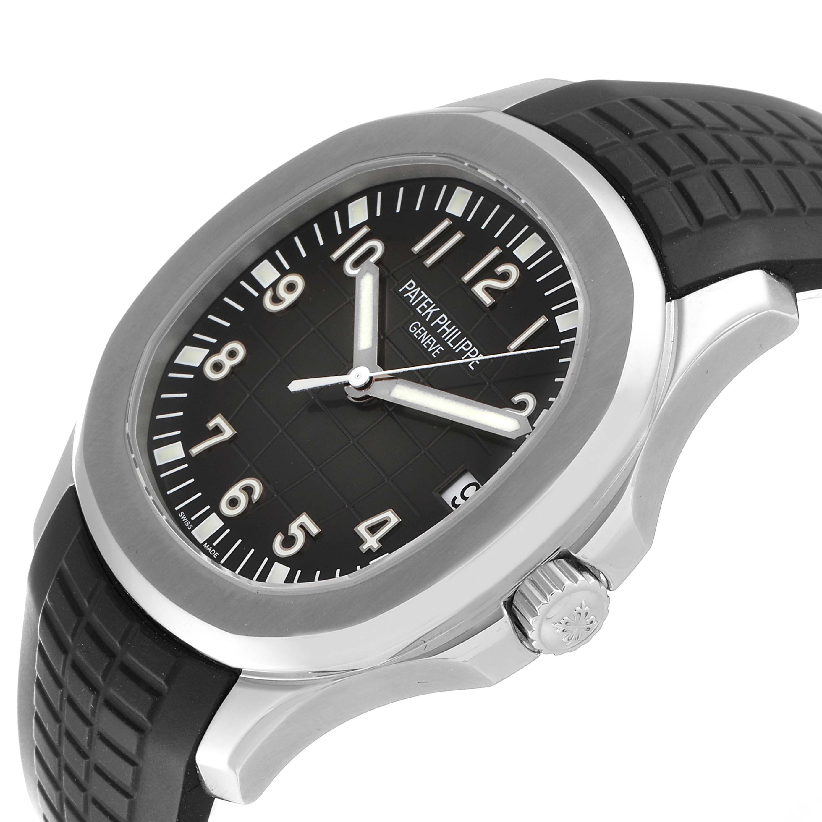The image shows a side angle of the Patek Philippe Aquanaut 5167A Men's Stainless Steel Black Dial 5167A Men's Stainless Steel Black Dial watch, highlighting the case, dial, crown, and rubber strap.