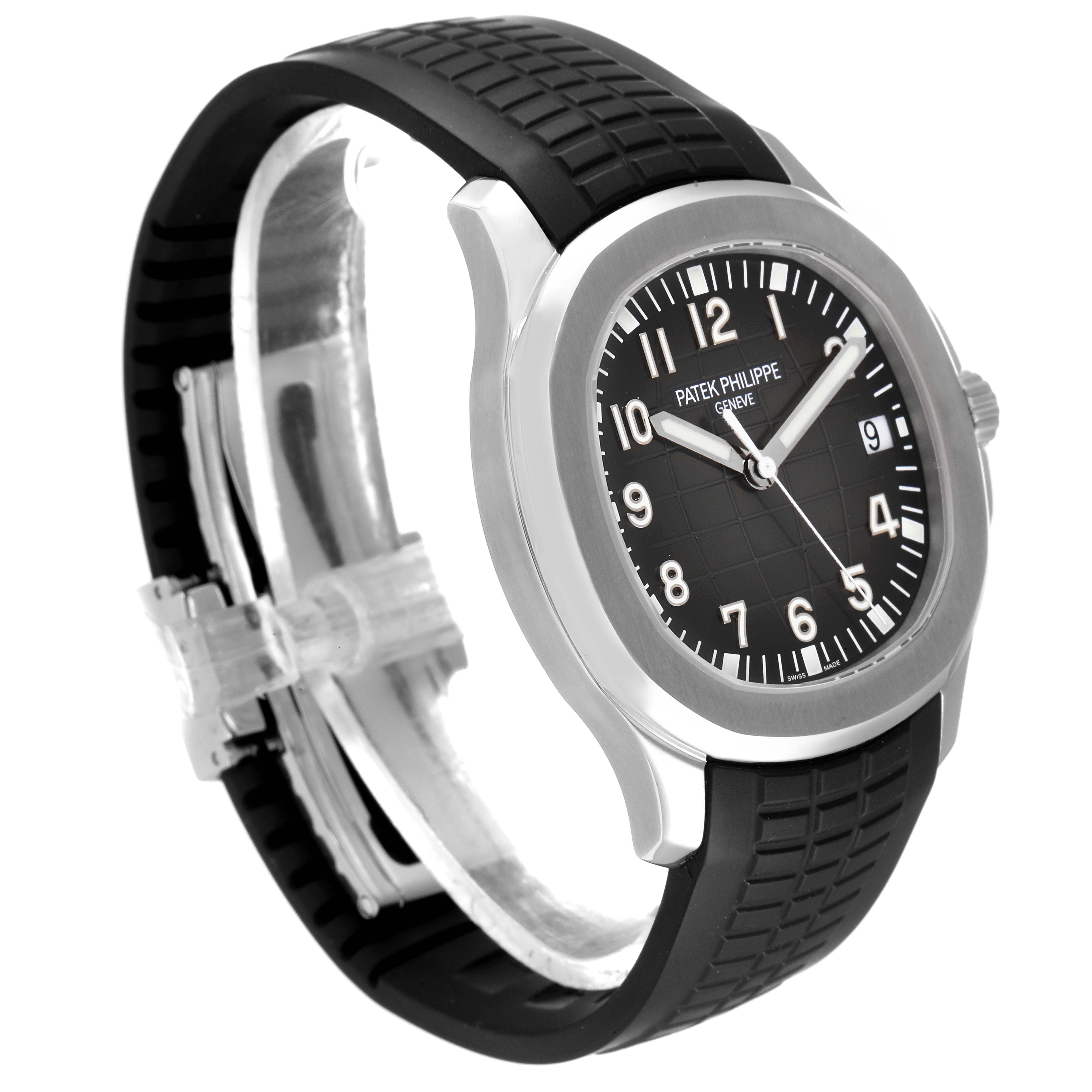 The image shows a side angle view of a Patek Philippe Aquanaut 5167A Men's Stainless Steel Black Dial 5167A Men's Stainless Steel Black Dial watch, highlighting the case, bezel, dial, and strap.