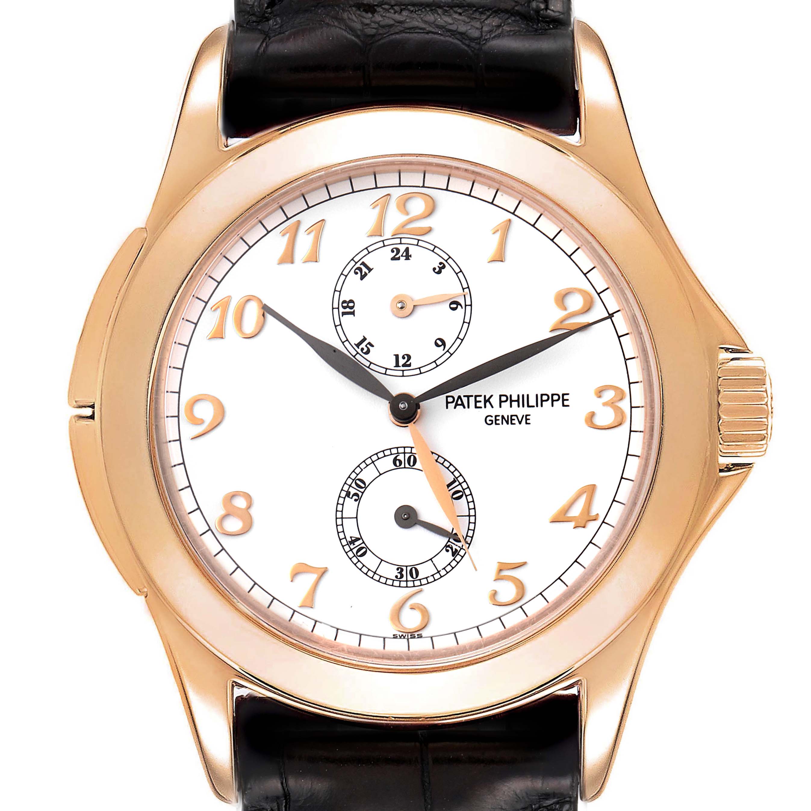 The image shows a front view of the Patek Philippe Calatrava 5134R Men's Rose Gold White Dial 5134R Men's Rose Gold White Dial watch with a gold case, black leather strap, and white dial.