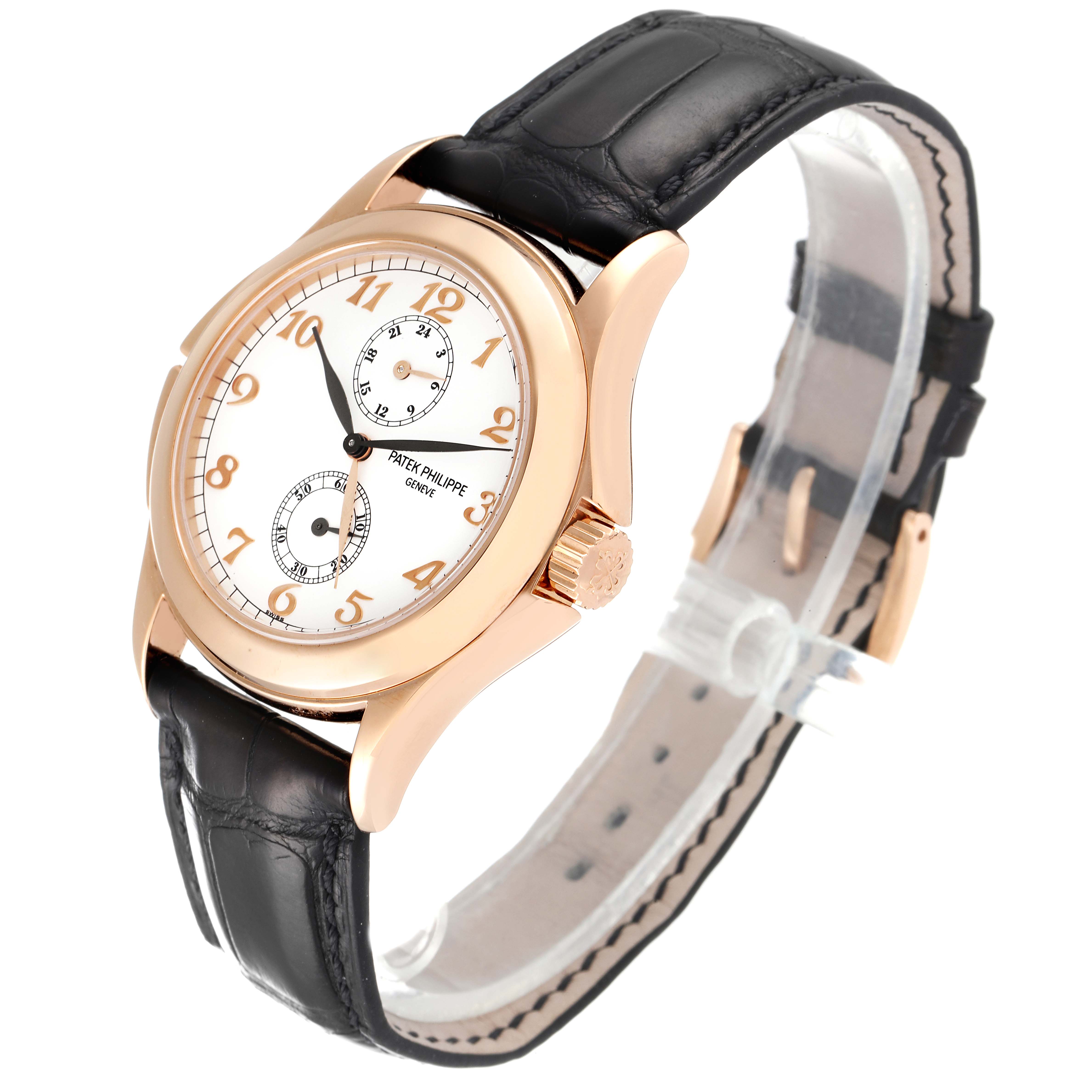 The image shows a Patek Philippe Calatrava 5134R Men's Rose Gold White Dial 5134R Men's Rose Gold White Dial watch at a three-quarter angle highlighting the dial, crown, and leather strap.
