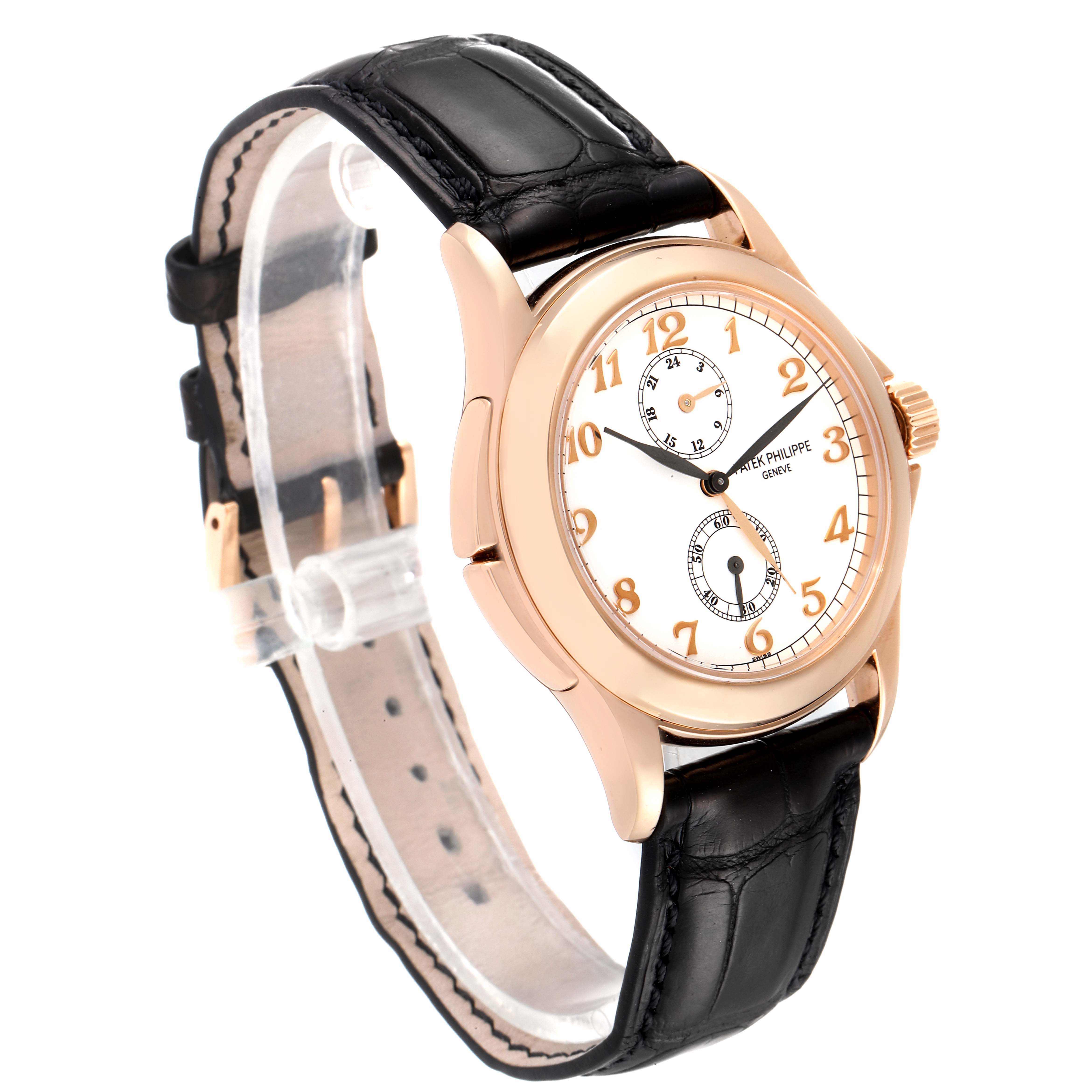 The image shows a Patek Philippe Calatrava 5134R Men's Rose Gold White Dial 5134R Men's Rose Gold White Dial watch at a three-quarter angle, highlighting its face, strap, and crown.