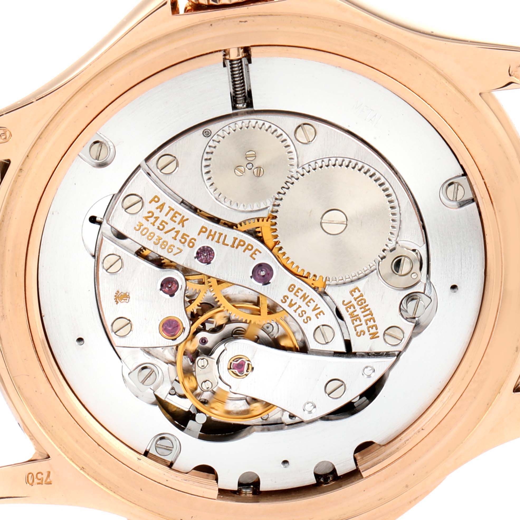This image shows the back view of the Patek Philippe Calatrava 5134R Men's Rose Gold White Dial 5134R Men's Rose Gold White Dial watch, highlighting its intricate mechanical movement.