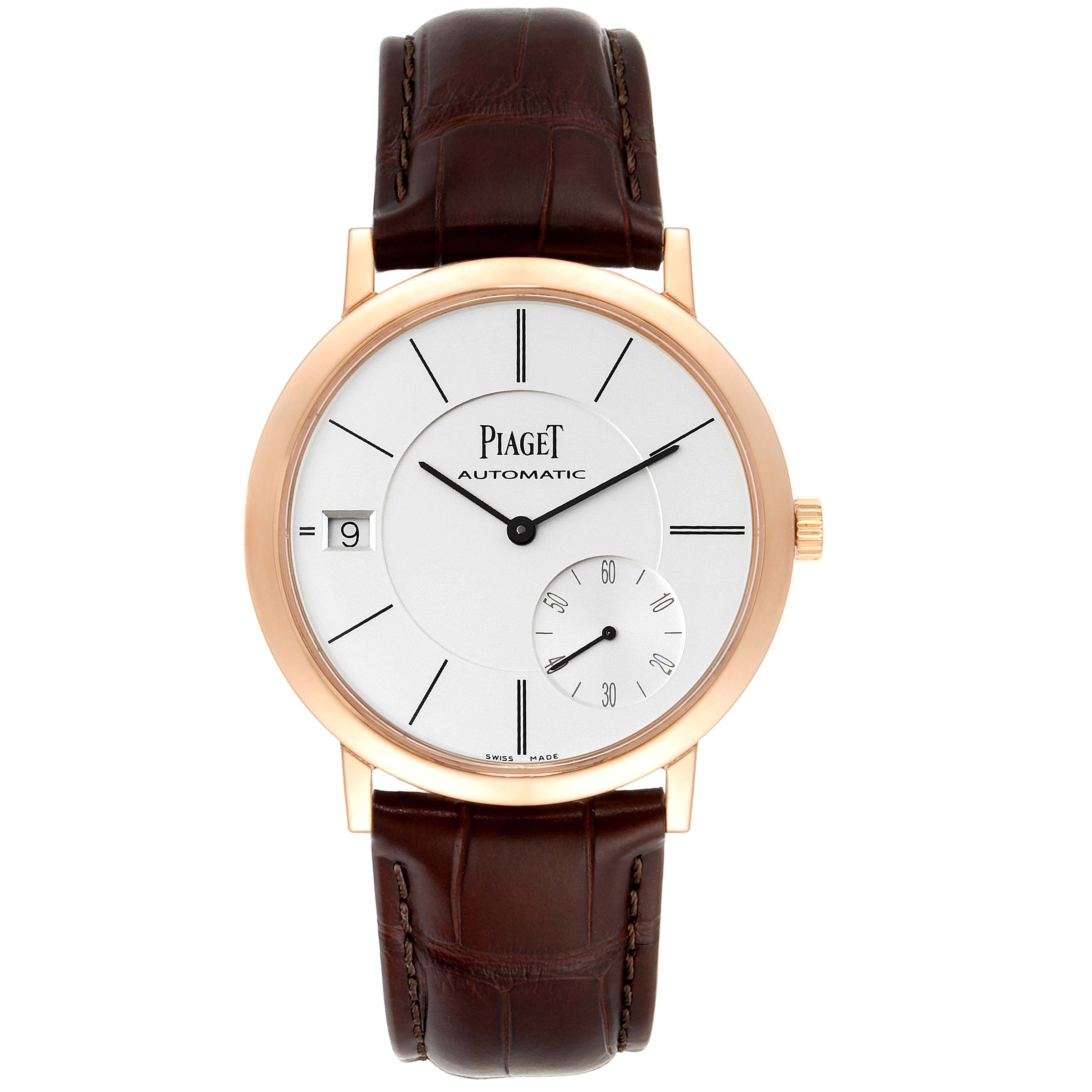The Piaget G0A38131 Men's Rose Gold Silver Dial G0A38131 Men's Rose Gold Silver Dial Altiplano GOA38131 is shown from the front, showcasing its 18K rose gold case, white dial, and brown leather strap.