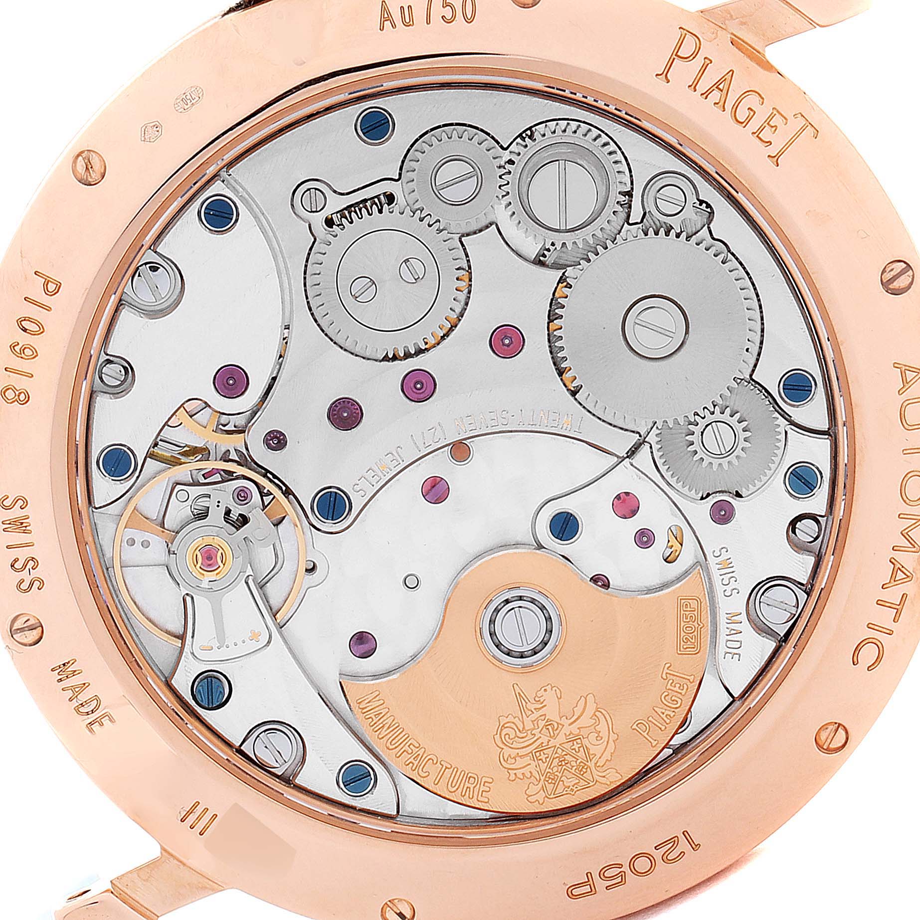 The image shows the back view of a Piaget G0A38131 Men's Rose Gold Silver Dial G0A38131 Men's Rose Gold Silver Dial Altiplano 18K Rose Gold Ultra-Thin Automatic Men's Watch GOA38131, highlighting the movement.