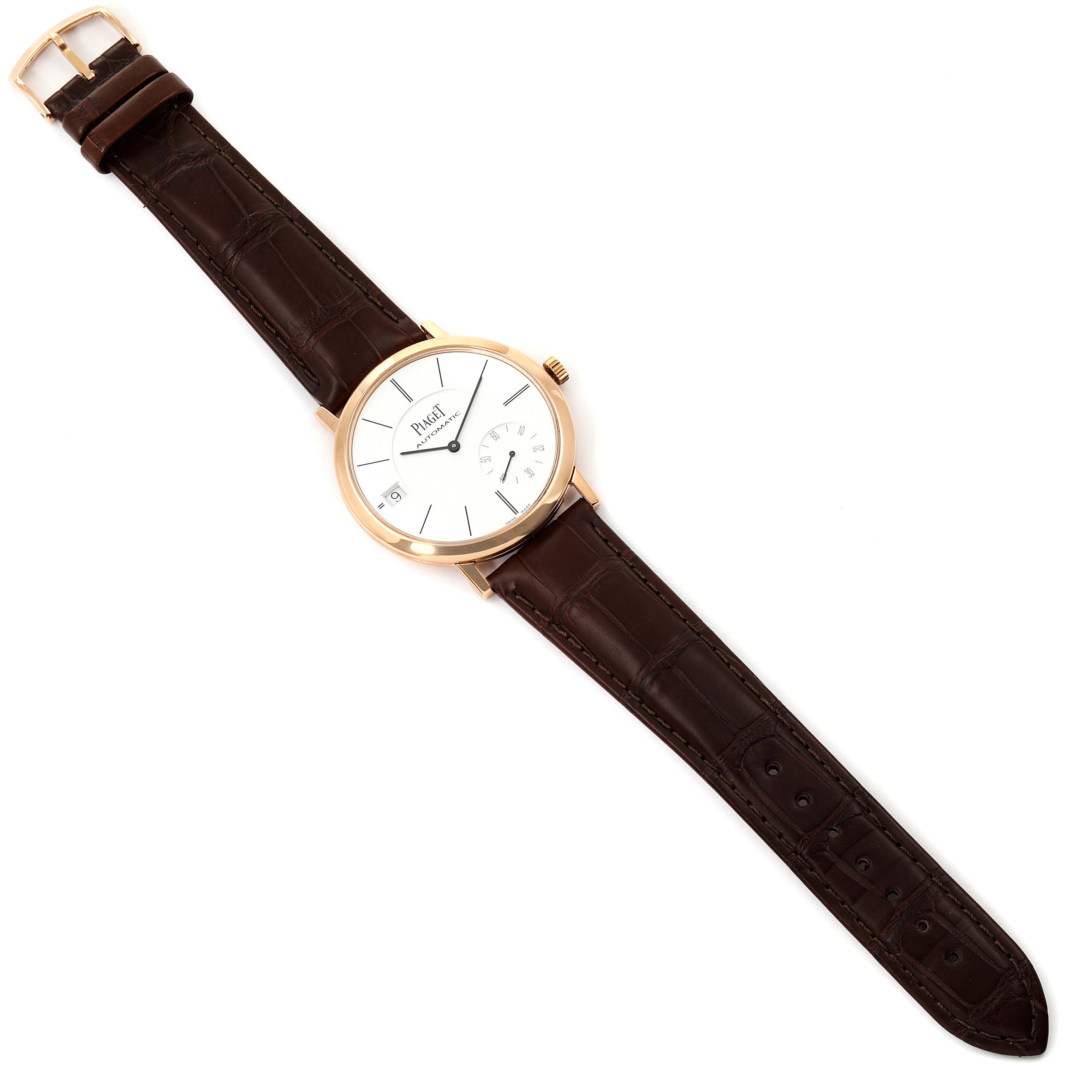 The Piaget G0A38131 Men's Rose Gold Silver Dial G0A38131 Men's Rose Gold Silver Dial Altiplano 18K Rose Gold Ultra-Thin Automatic Mens Watch GOA38131 is shown from a top-down angle, displaying its face and leather strap.