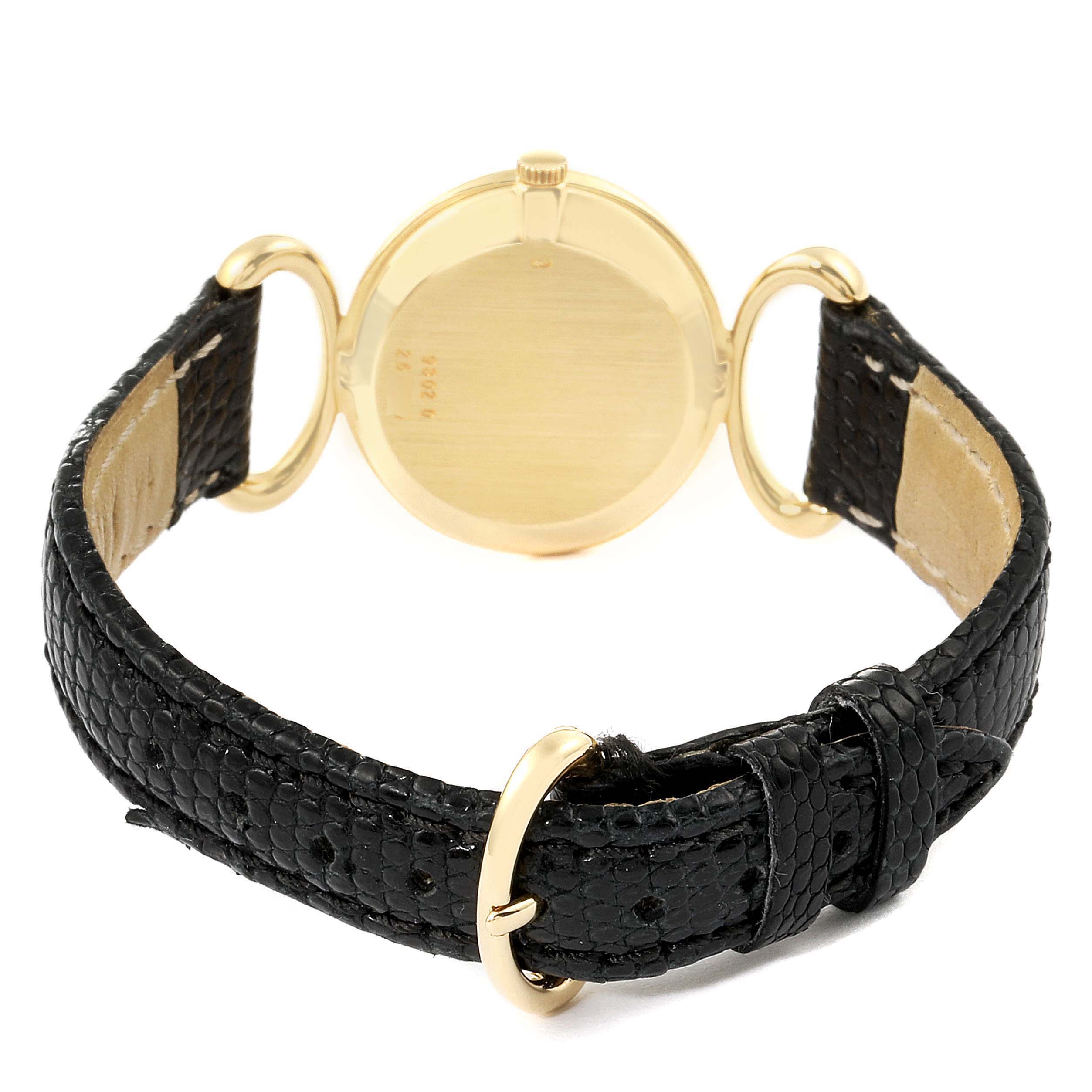 This image shows the back and black leather strap of the Piaget 9802 Women's Yellow Gold Black Dial 9802 Women's Yellow Gold Black Dial Classique Yellow Gold Onix Diamond Dial Vintage Ladies Watch 9802.