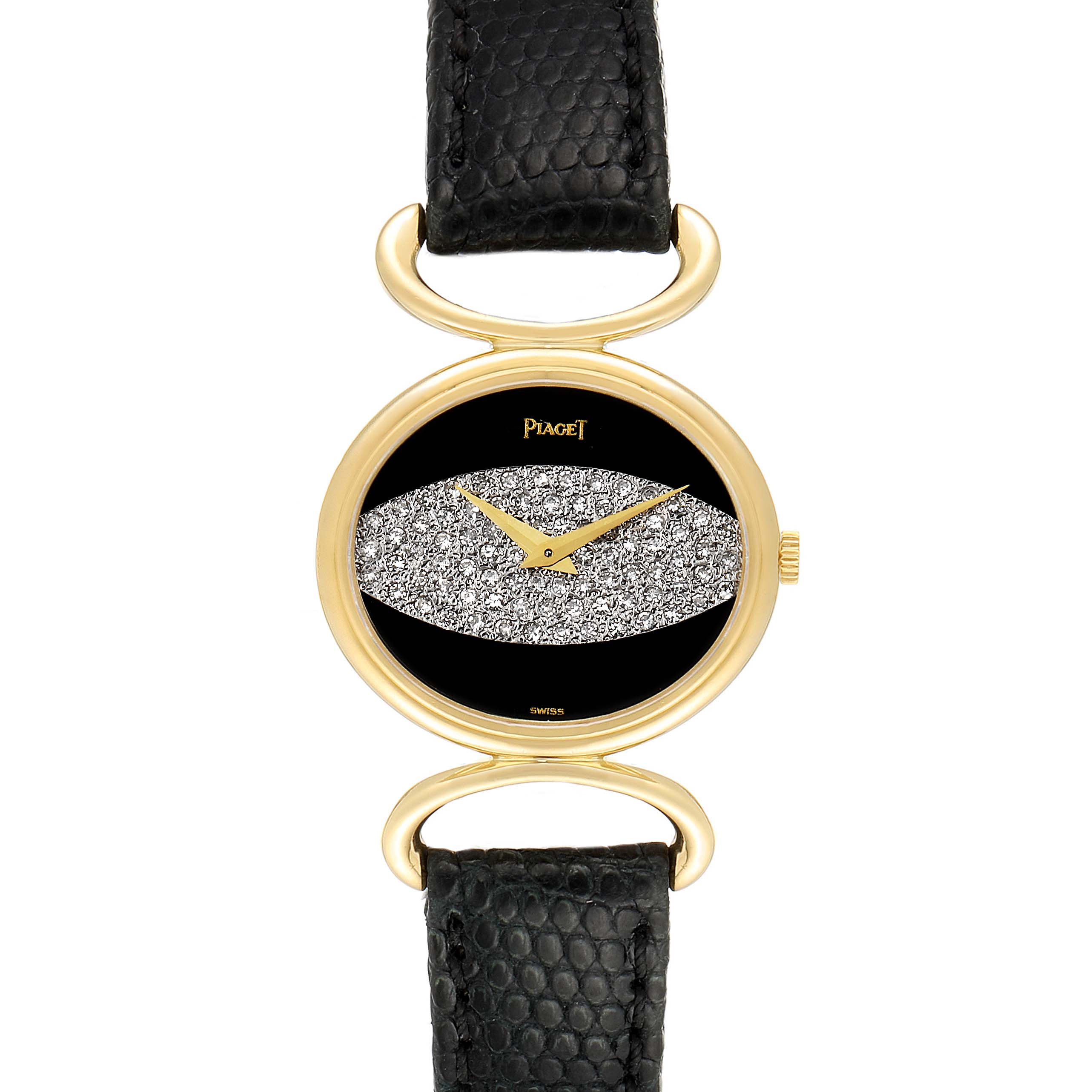 The image shows a front-facing view of the Piaget 9802 Women's Yellow Gold Black Dial 9802 Women's Yellow Gold Black Dial Classique Yellow Gold Onix Diamond Dial Vintage Ladies Watch 9802 model, displaying its dial and straps.