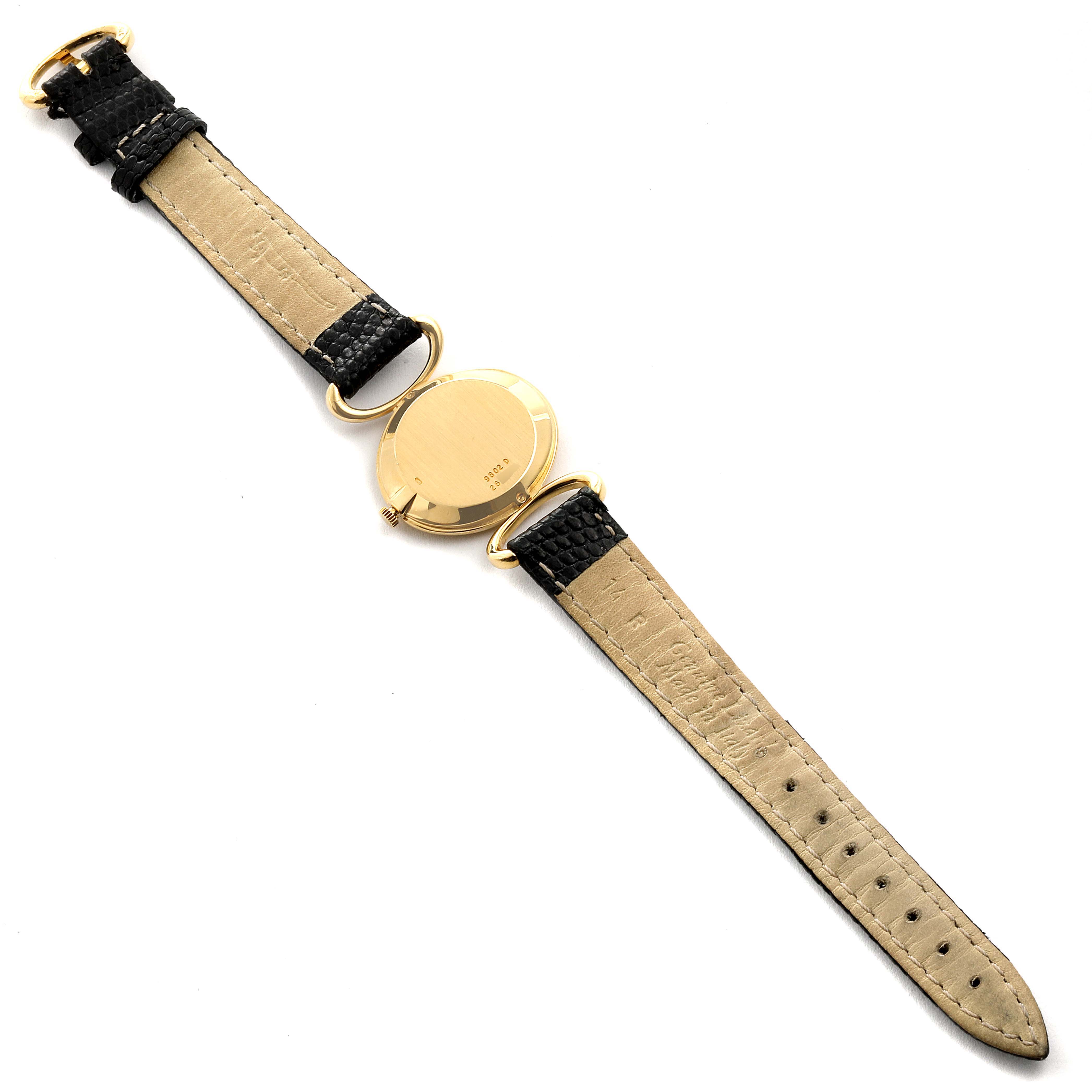 The image shows the back view of the Piaget 9802 Women's Yellow Gold Black Dial 9802 Women's Yellow Gold Black Dial Classique Yellow Gold Onix Diamond Dial Vintage Ladies Watch 9802.