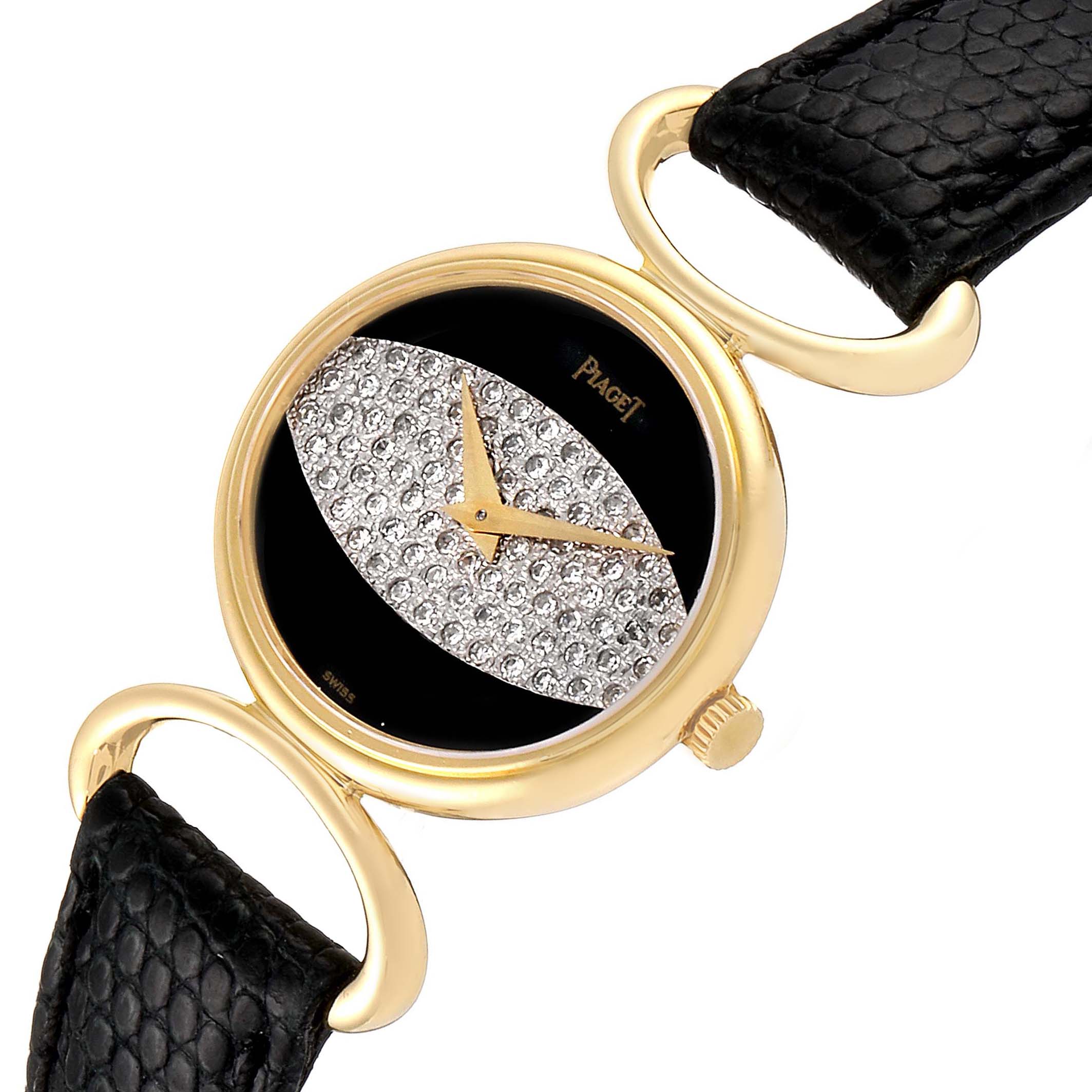 The Piaget 9802 Women's Yellow Gold Black Dial 9802 Women's Yellow Gold Black Dial Classique Yellow Gold Onix Diamond Dial Vintage Ladies Watch 9802 is shown from above, displaying the face, dial, case, and part of the strap.