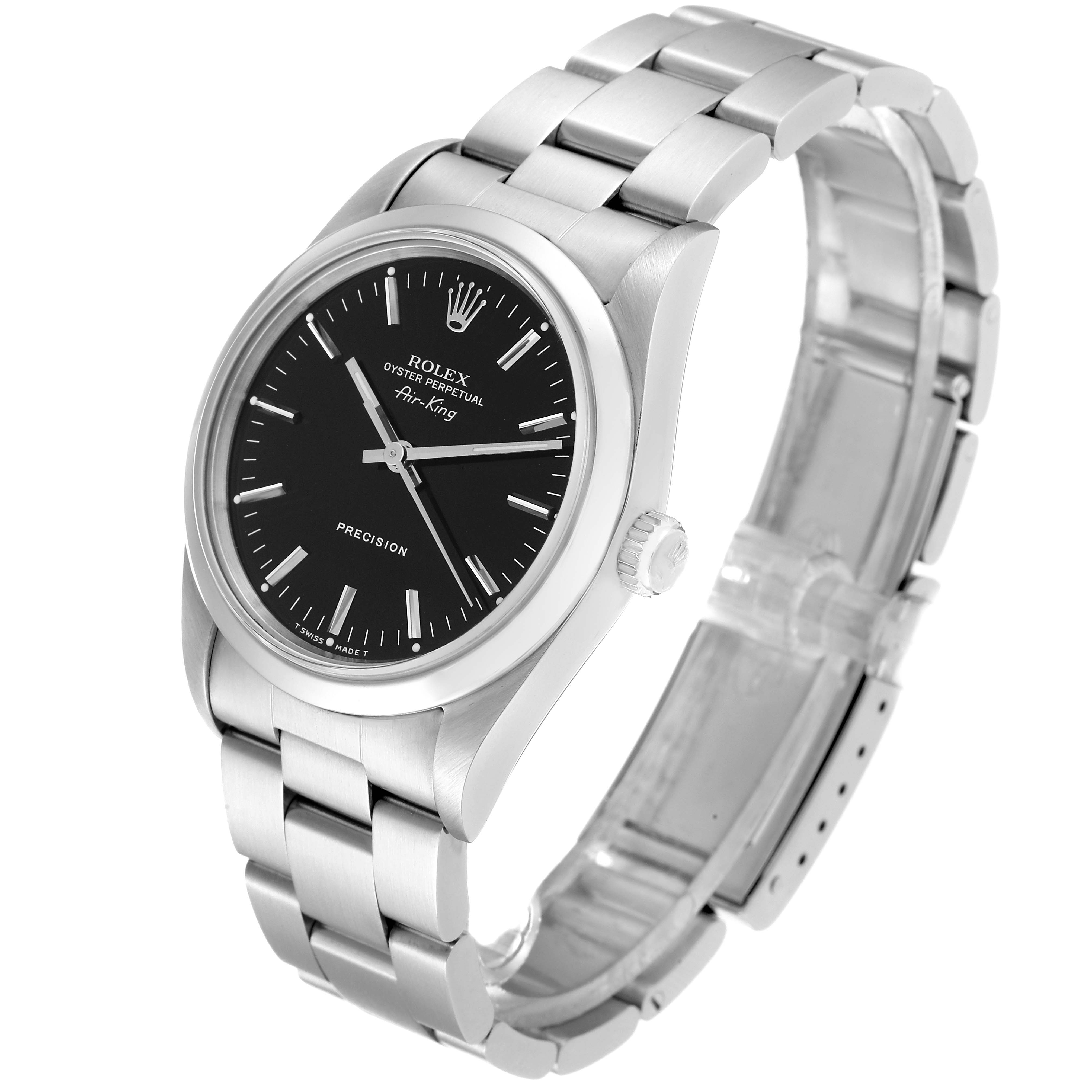 The Rolex Air-King 14000 Men's Stainless Steel Black Dial 14000 Men's Stainless Steel Black Dial watch is shown at an angled view, highlighting the dial, crown, and bracelet.