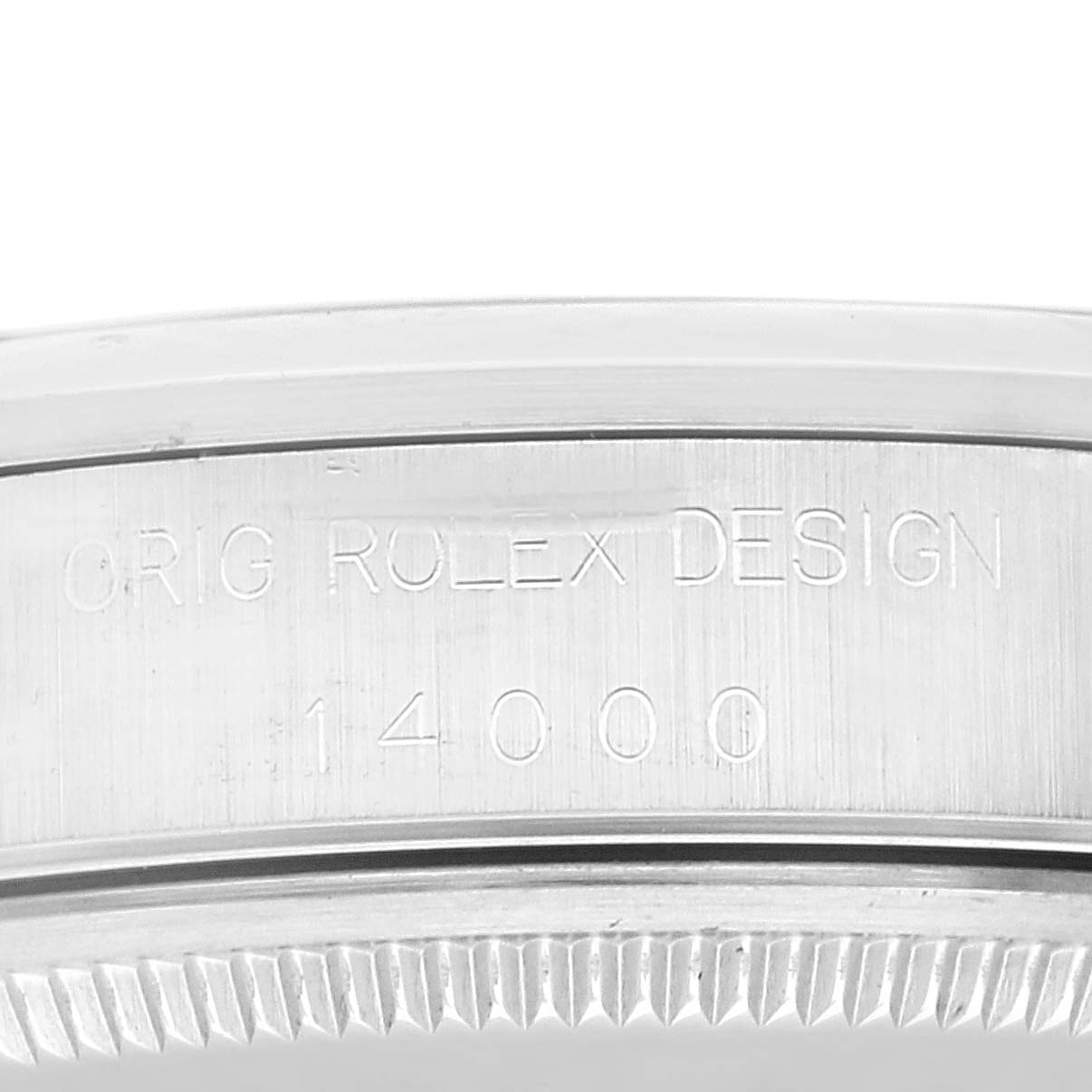 Close-up of the case rim of a Rolex Air-King 14000 Men's Stainless Steel Black Dial 14000 Men's Stainless Steel Black Dial watch, showing the engraved model number and "ORIG ROLEX DESIGN" inscription.