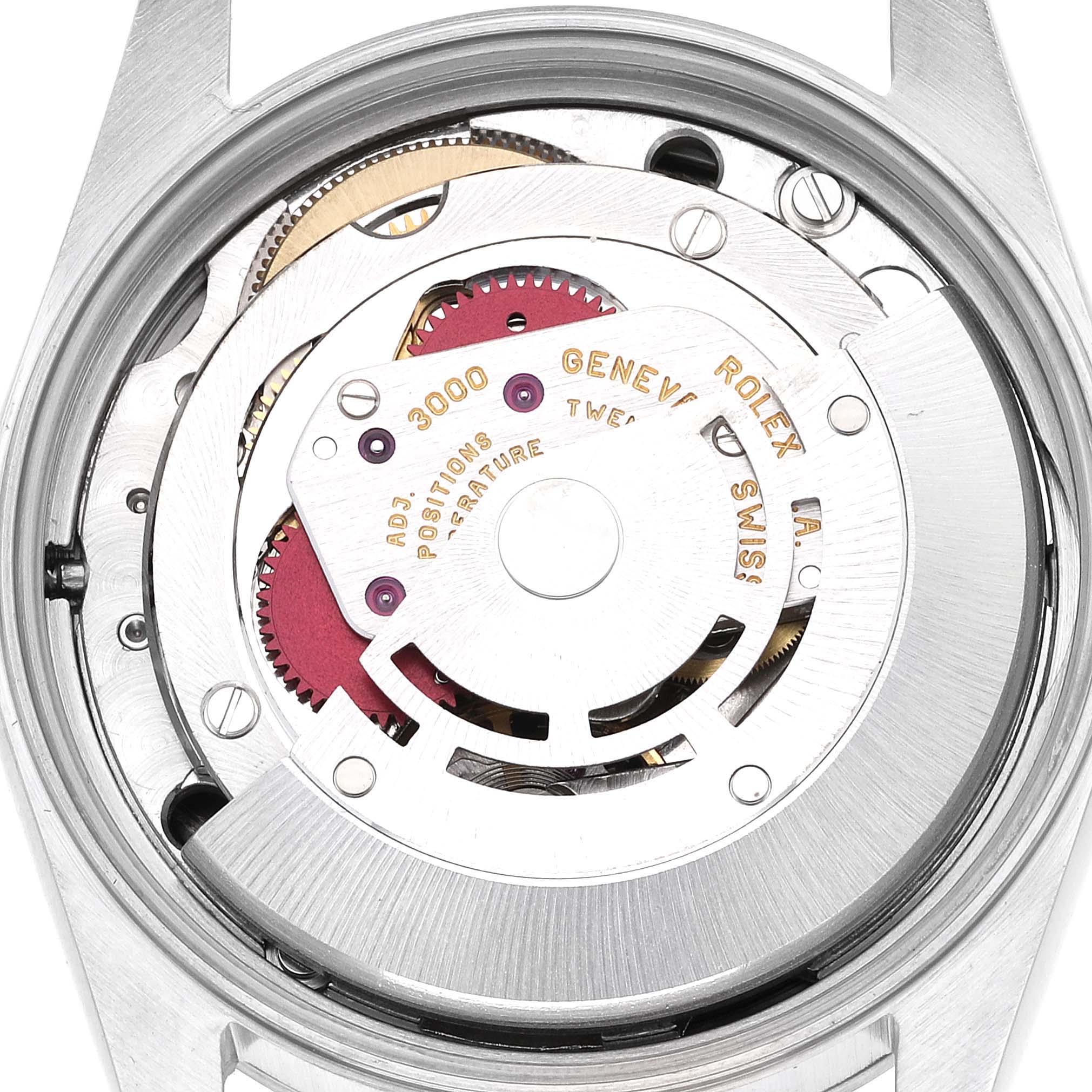 The image shows the internal movement of a Rolex Air-King 14000 Men's Stainless Steel Black Dial 14000 Men's Stainless Steel Black Dial watch from a top-down angle, displaying gears and mechanisms.